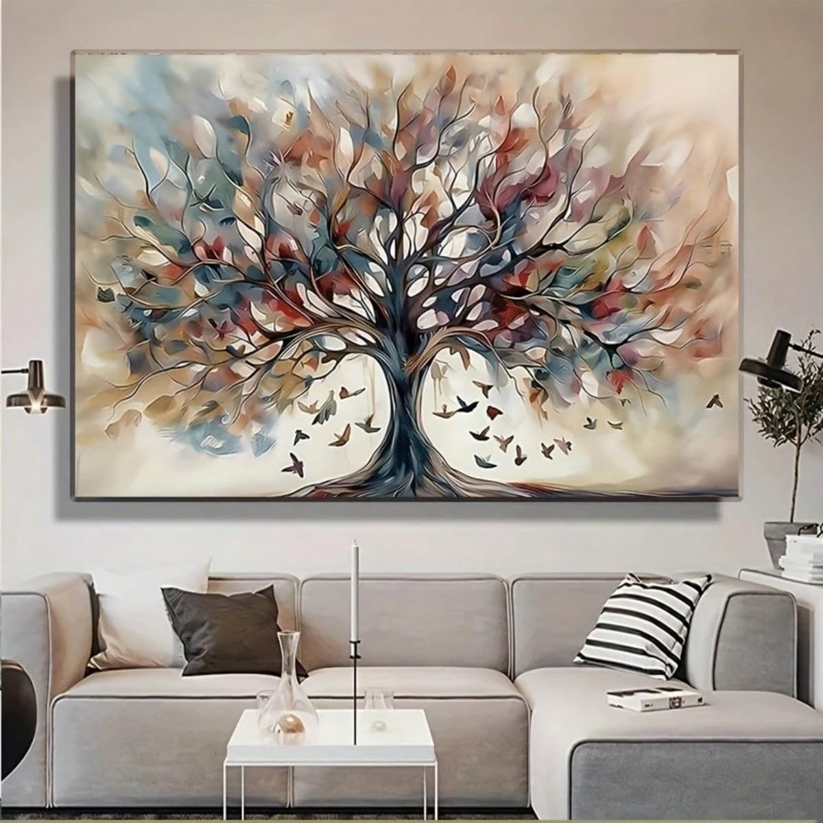 SPXLUCAU Oversized Tree Of Life Abstract Canvas Wall Art - Vibrant Geometric Yggdrasil Painting, Modern Style Living Room(30x60cm/No frame)