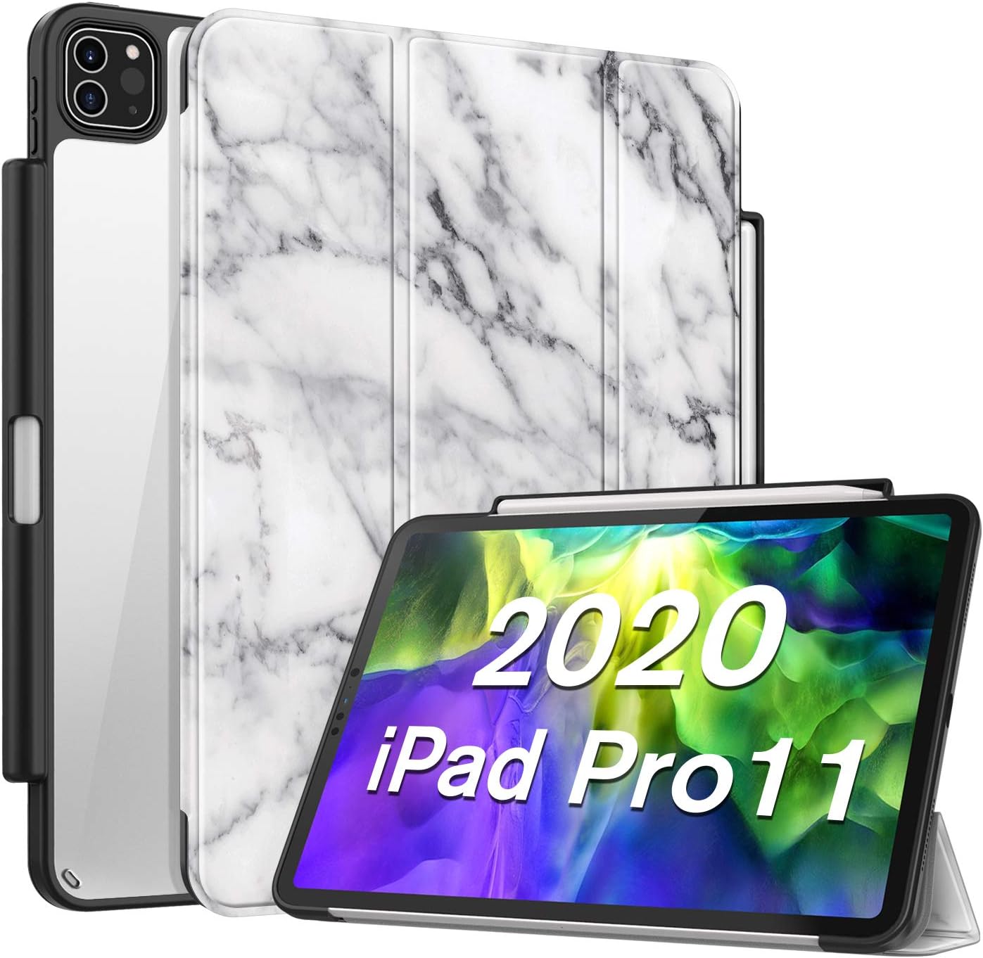 CaseBot Case with Pencil Holder for iPad Pro 11" 2020/2018 [Supports 2nd Gen Pencil Charging] - Slim Transparent Clear Back Cover with Soft TPU Edge, Supports Auto Wake/Sleep, Marble White