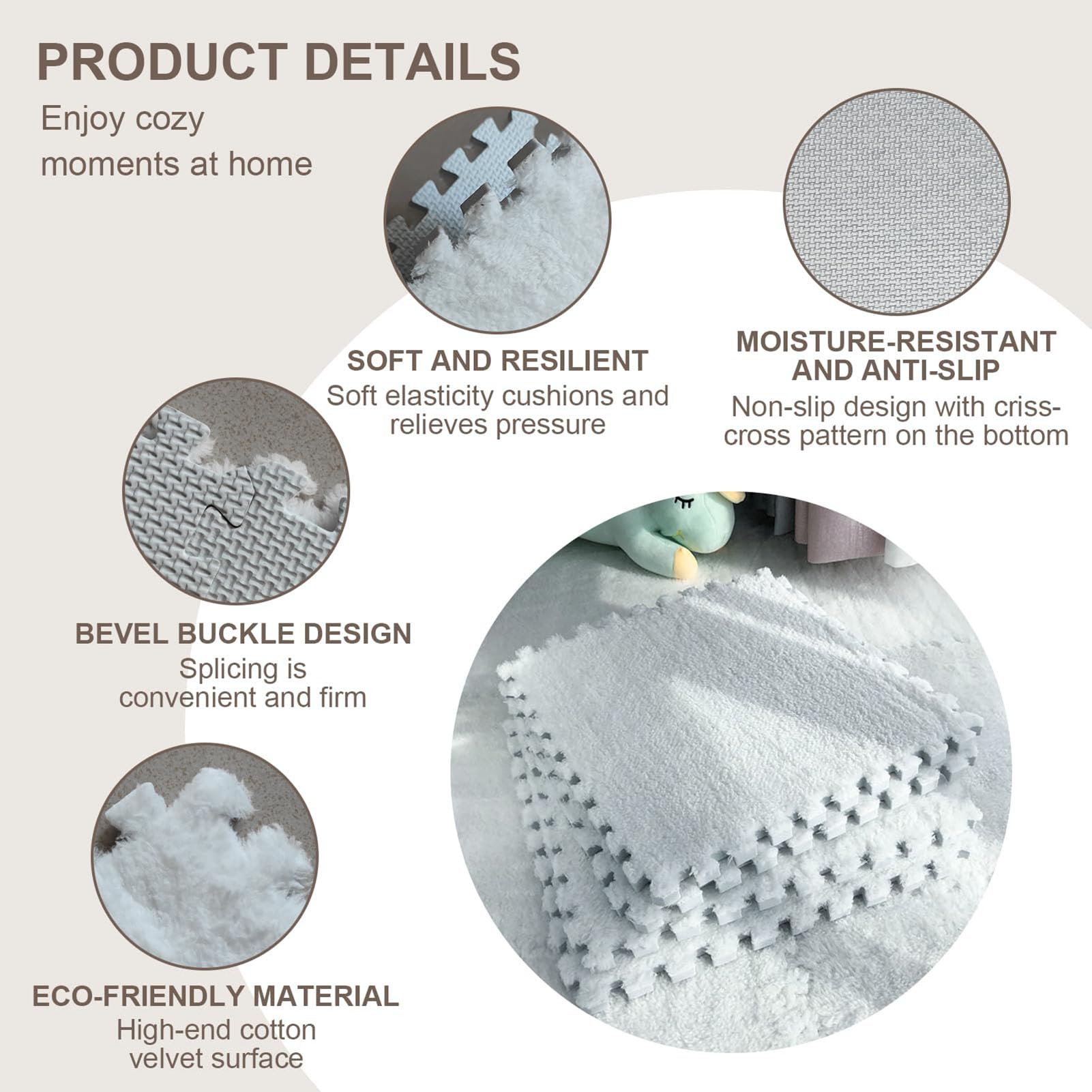 Tappeto a Incastro Splice, Tappeto Puzzle in Schiuma di Peluche, 10 Piastrelle quadrate in Schiuma ad Incastro, Tappeto soffice per Soggiorno, Tappeto in Schiuma per Came,Gray+Mint Green