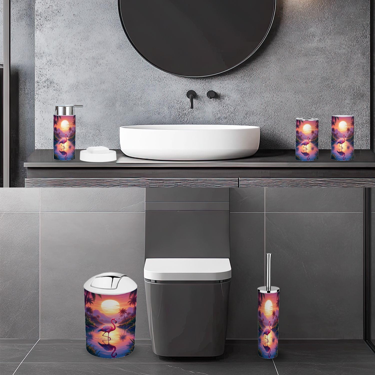 Bathroom Accessory Set 6 Piece Flamingo Pink Standing Tropical Lagoon Sunset Palm Trees Trash can, Toothbrush Holder, Soap Dispenser, Soap Dish, Toothbrush Cup, Toilet Brush Holder image 4