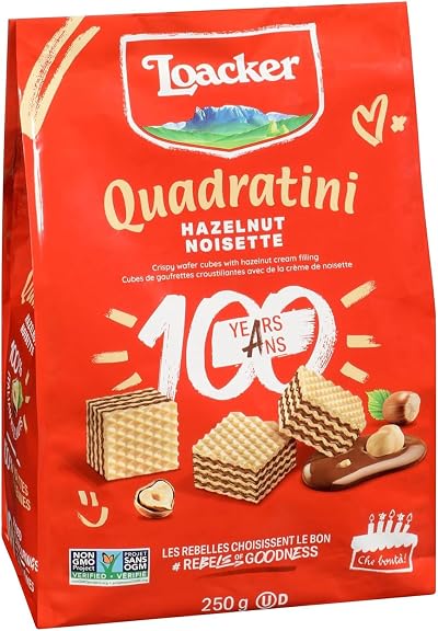 Loacker Quadratini | Bite Size Cream Filled Wafer Cookies | 30% Less Sugar | Non-GMO | No Artificial Flavorings, Added Colors, or Preservatives | Halal & Kosher (250 g (Pack of 1), Hazelnut)
