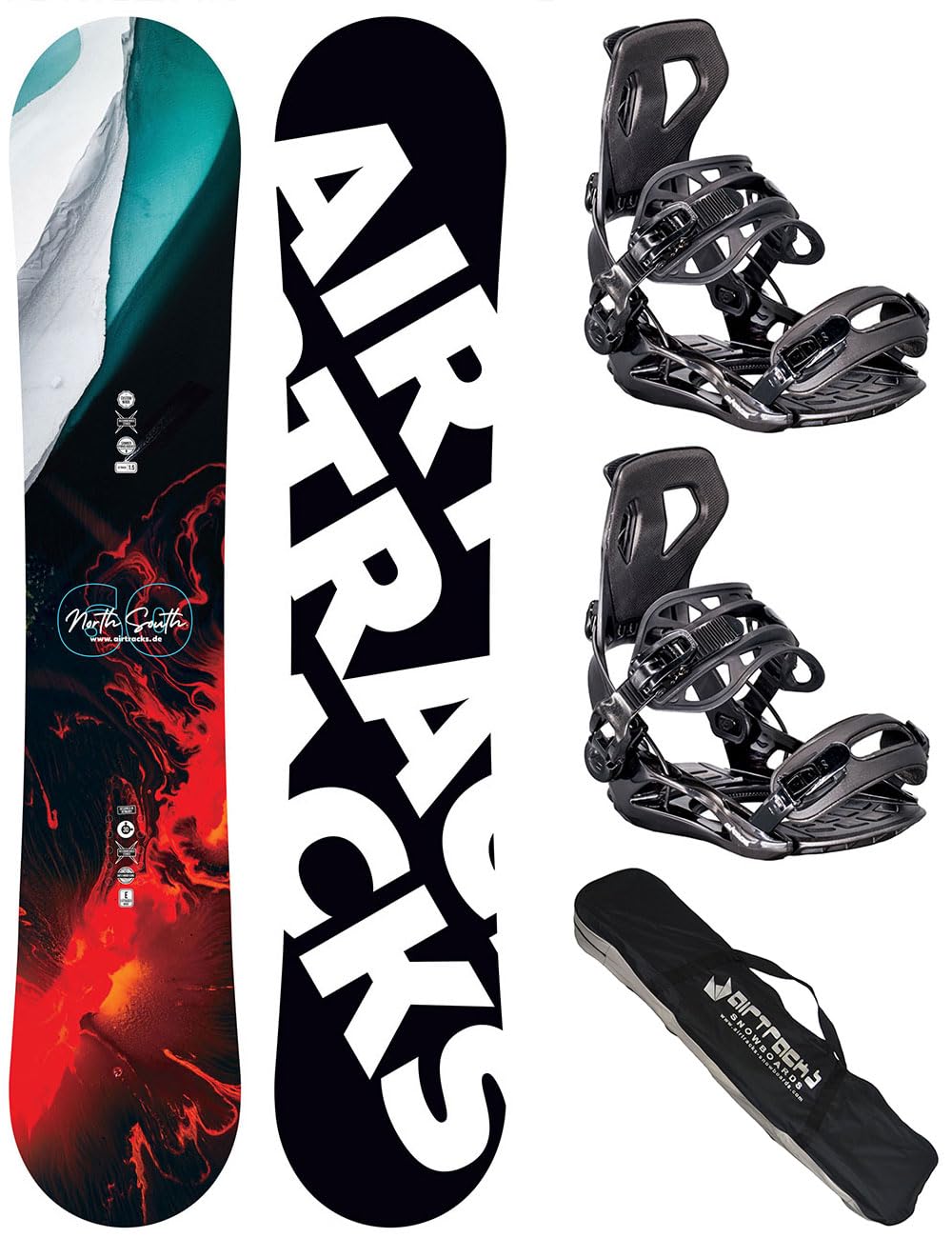 AIRTRACKS Snowboard Set Pack Planche North South Four Camber Wide + Fixations Star ou Master + SB Sac 150 157 159 162 cm
