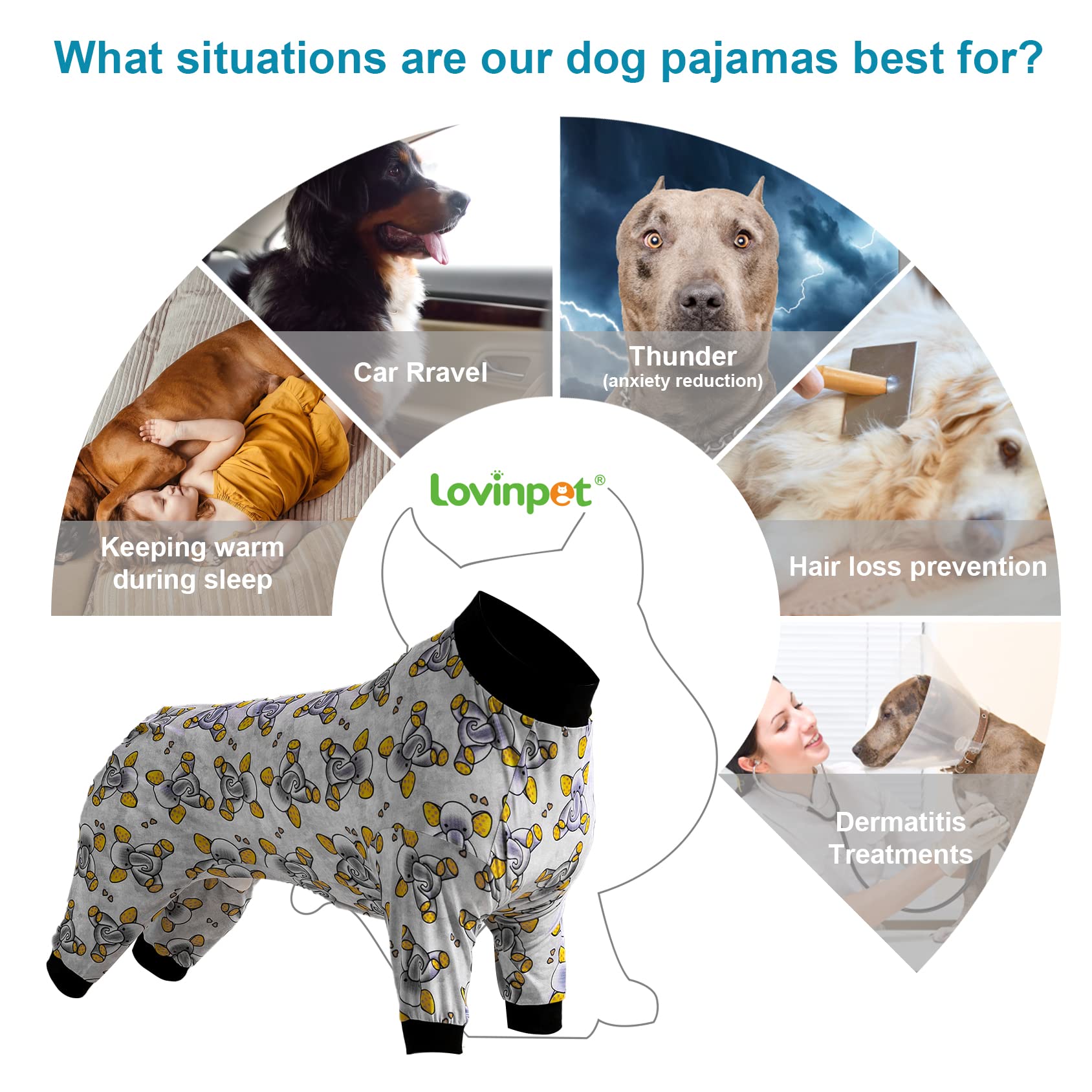 LovinPet Big Dogs Pajamas Clothes, Sleepytime Elephants Print, Pajamas for Pitbulls Post Surgery Dog Shirt - Image 3