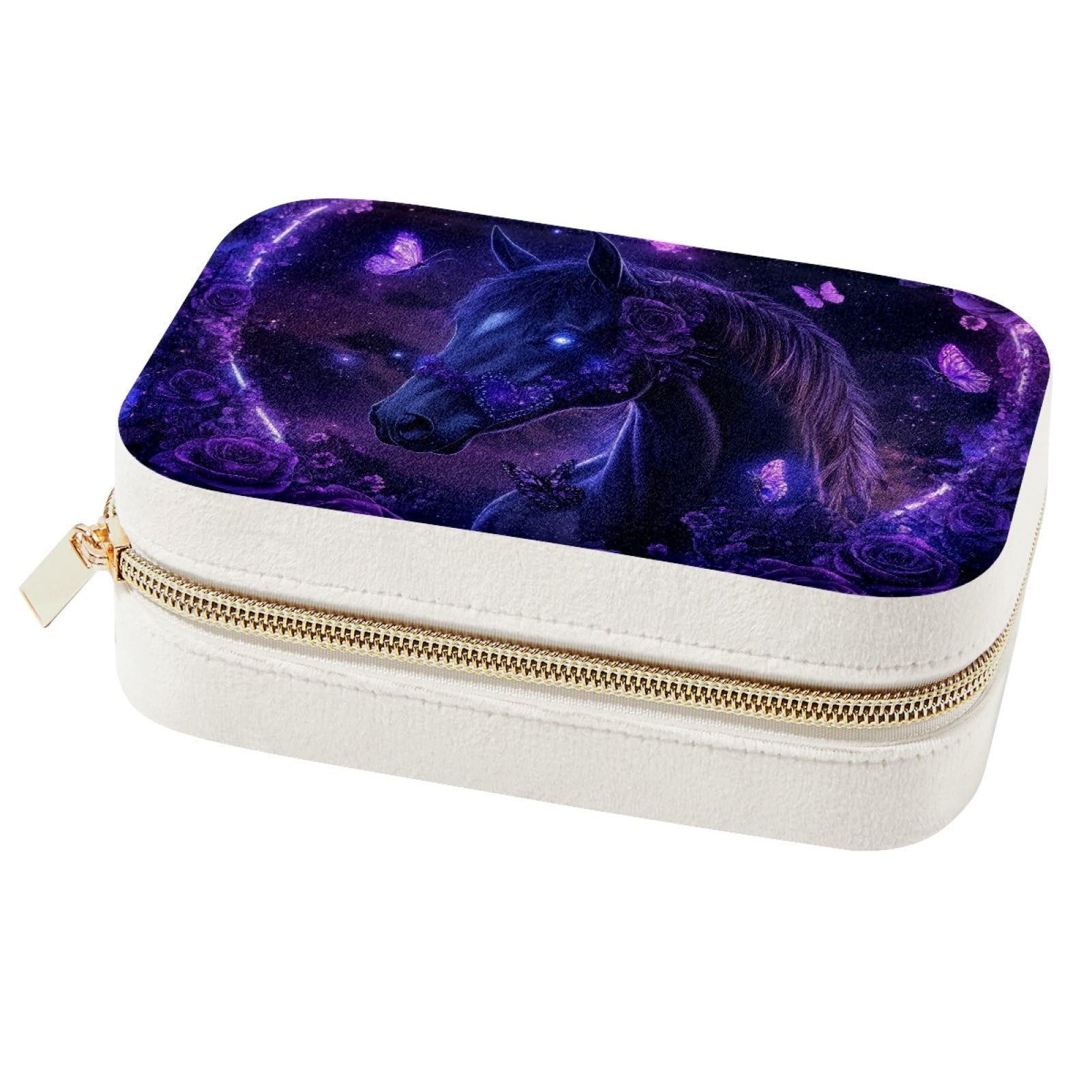 Coffret bijoux de voyage violet fleurs et cheval - Écrin de rangement qualitatif