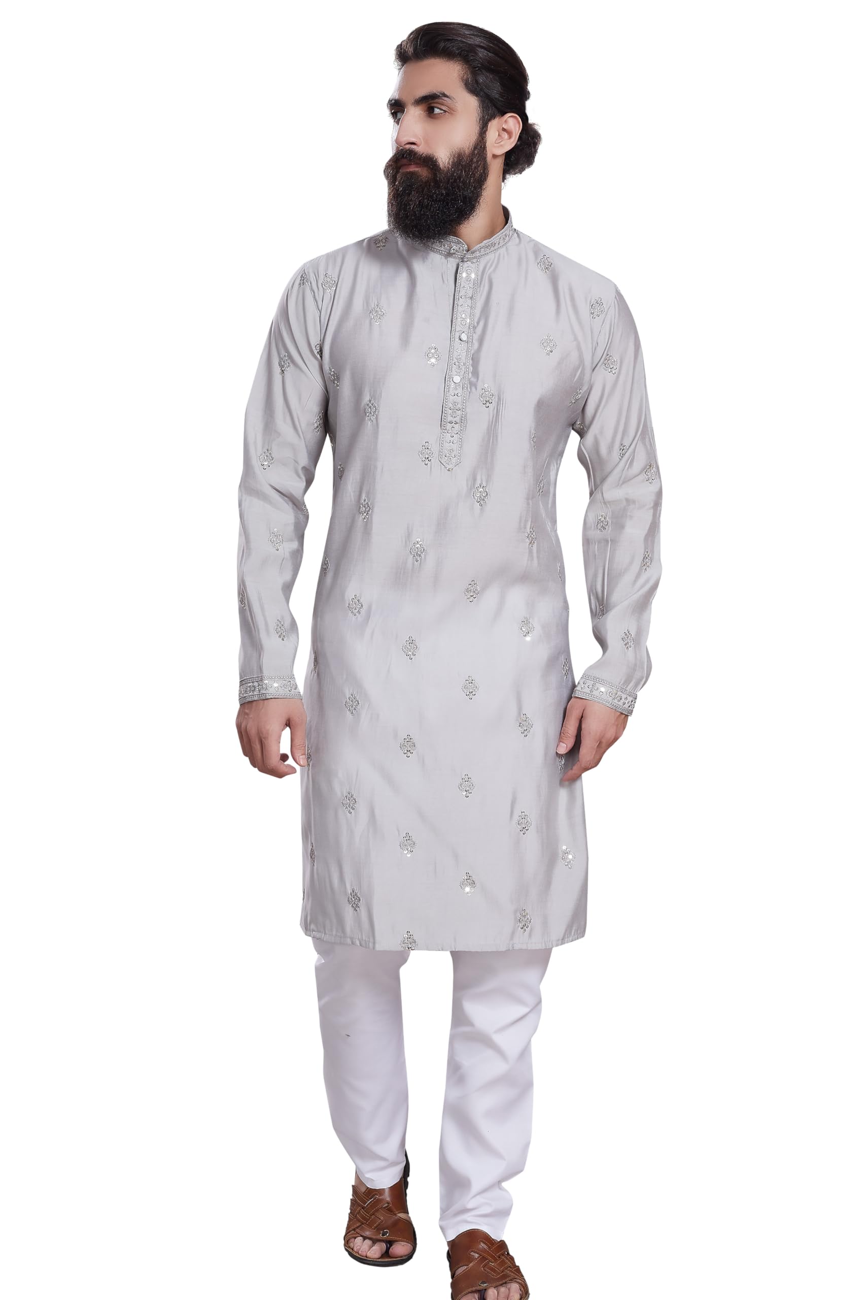 Divisive Men's Embroidered Cotton Silk Blend Only Slim Fit Kurta (Dkrt212_S_Grey)