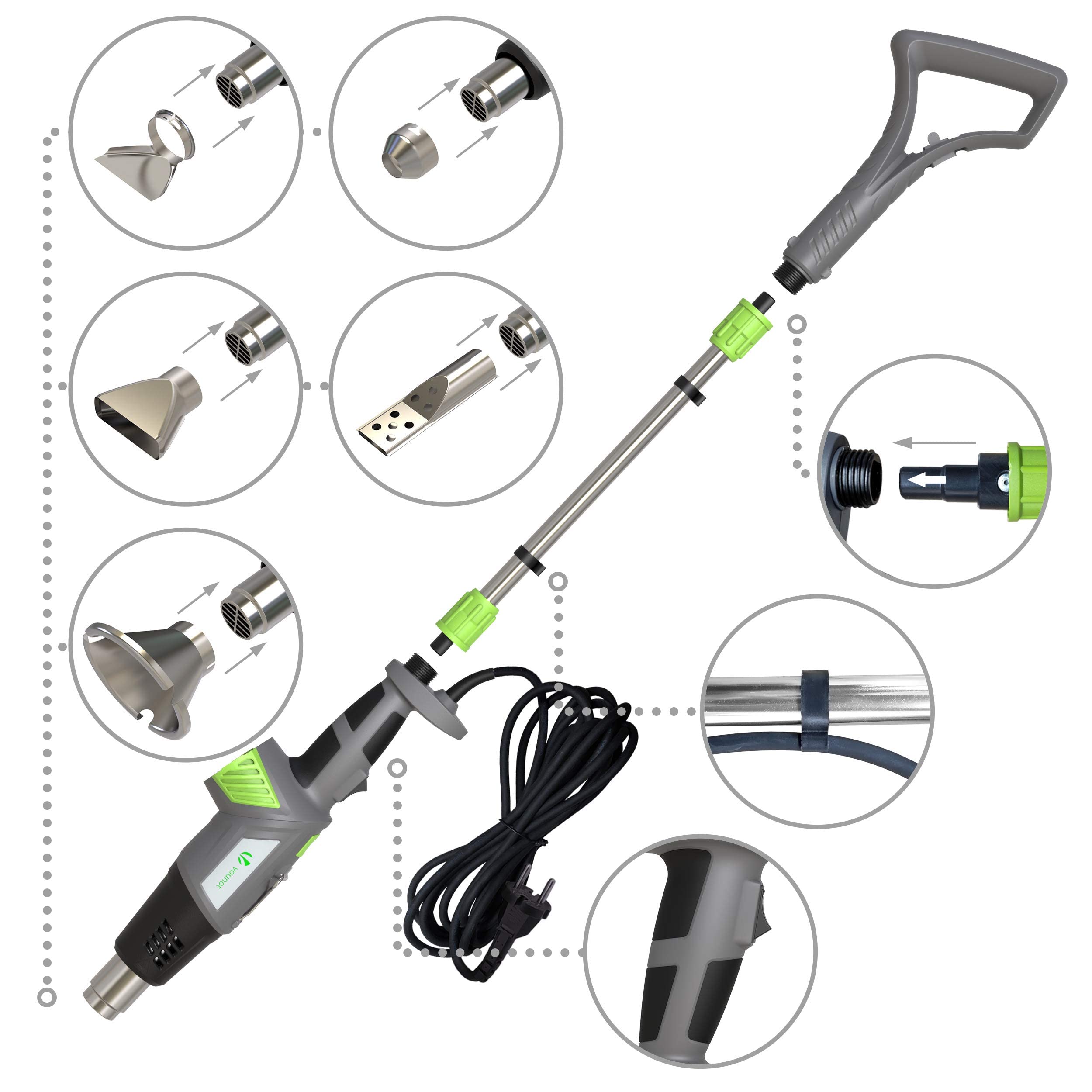 VOUNOT® 3 en 1 Quemador de Malas Hierbas Eléctrico de 2000W, Pistola de Aire Caliente, Encendedor de Barbacoa, con Cable de 5 m y 5 Boquillas, sin gas ni llama