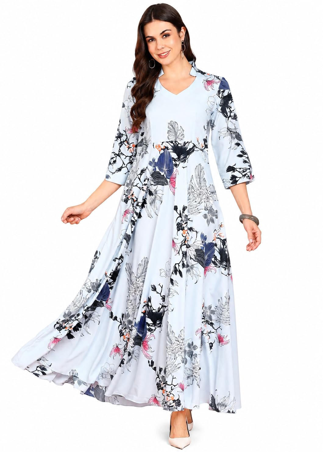 Rudraaksha Women's Printed Maxi Dress | Bollywood Style Western Mandarin Collar Long Dress | 3/4th Sleeves | Maxi Dress | Flared Dress-image-48