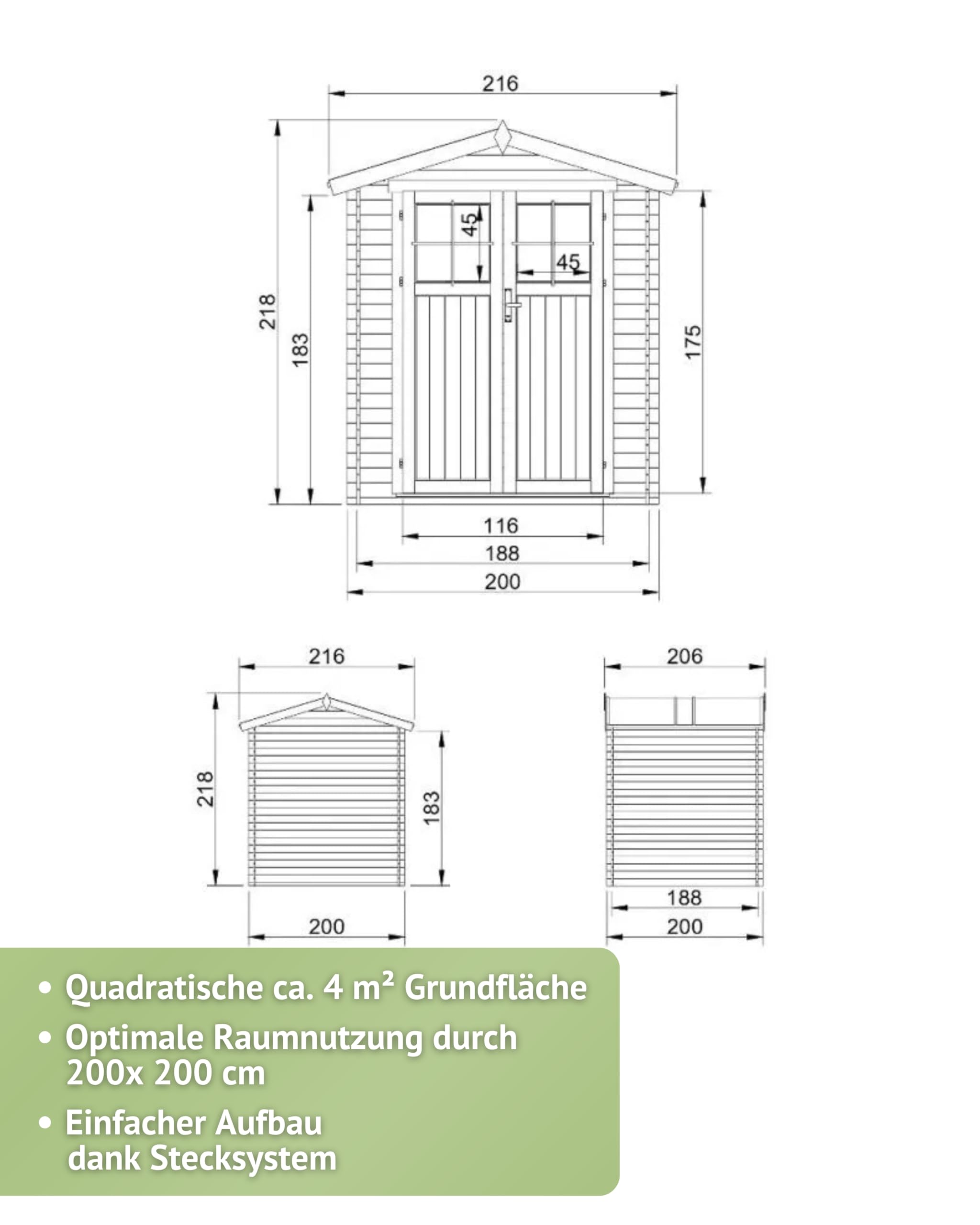 Steiner Shopping Gartenhaus Wien 19 mm I Holz 200x200 cm I Blockbohlen Gartenhaus mit Doppeltür I Gerätehaus Holz groß für 4 m² Nutzfläche I Robuster Geräteschuppen für Gartengeräte