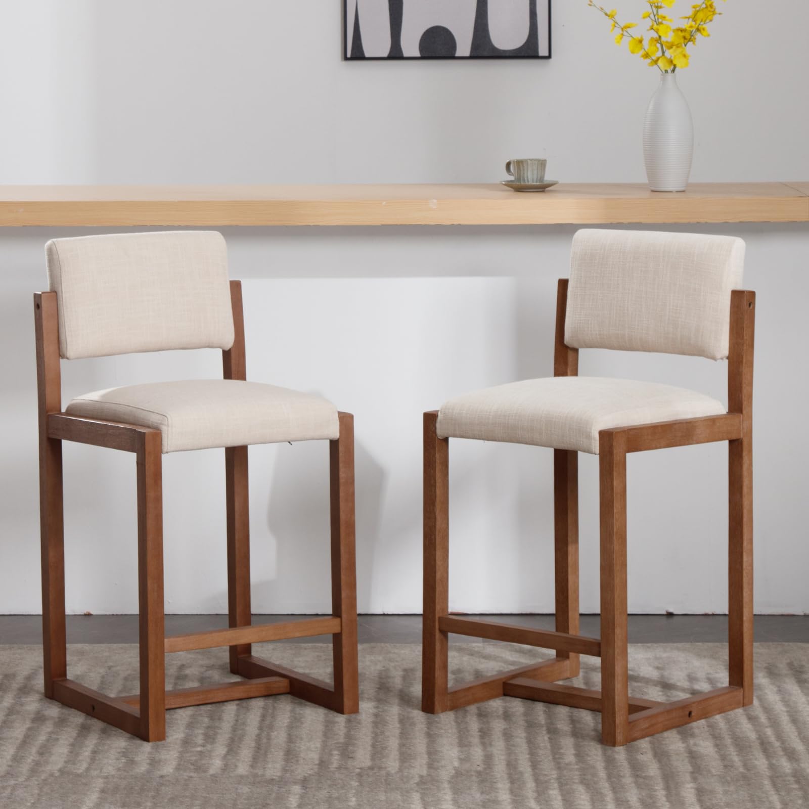 Ya-Home Mid-Century Bar Stools Set of 2, 26 Inch Modern Counter Stools Linen Fabric Bar Chairs with Backrest Wooden Frame for Kitchen Island Dining