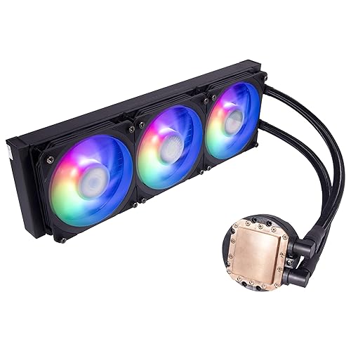 Vista 13 de Cooler Master MasterLiquid PL360 FLUX Serie 360mm, AIO, enfriador líquido de CPU, 0 RPM, bomba de doble cámara, base de cobre ampliada, ventiladores