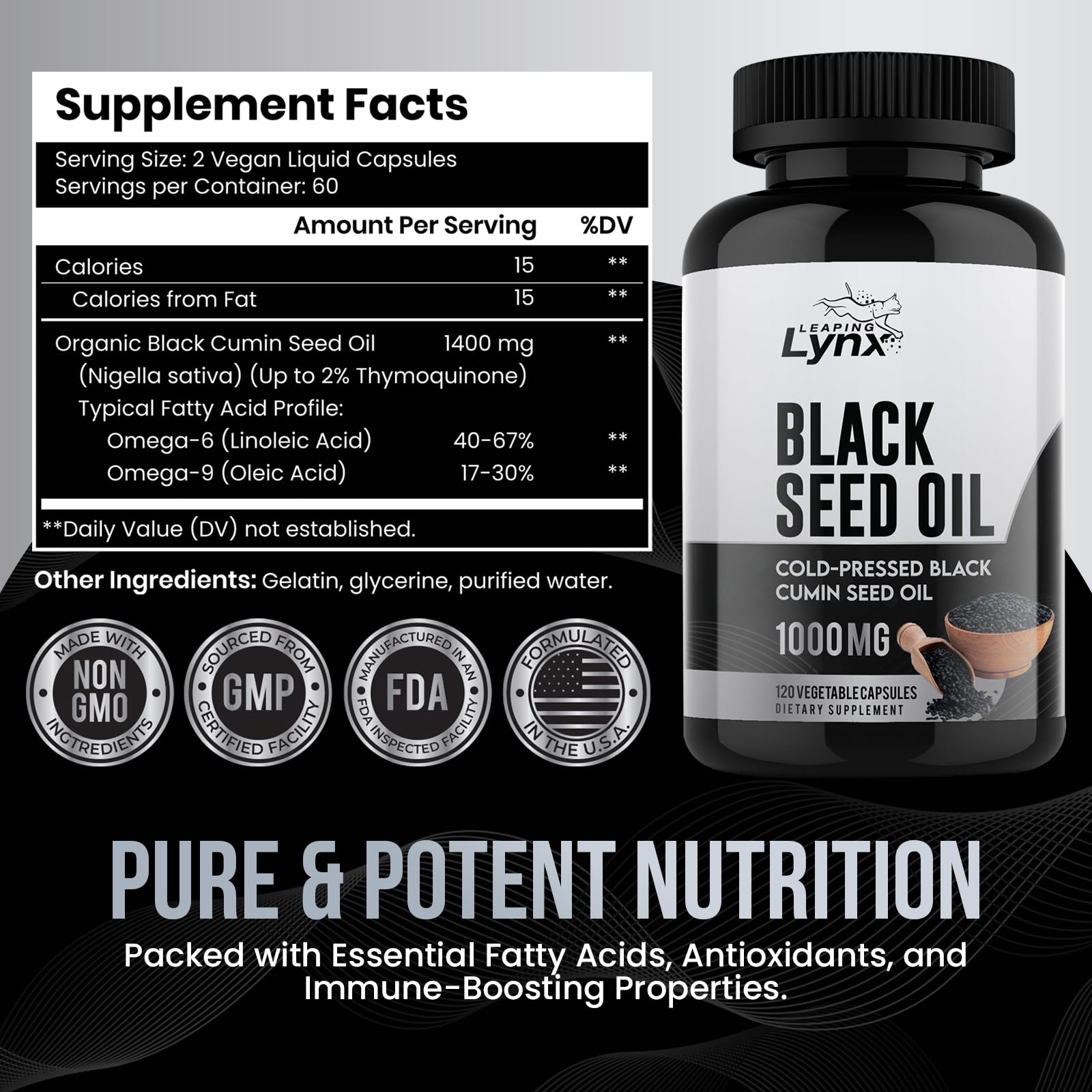 Leaping Lynx Black Seed Oil 1000mg Capsules – Cold-Pressed Nigella Sativa Black Cumin Seed Oil Supplement for Immune, Heart & Digestive Health – Non-GMO, 120 Capsules, 60-Day Supply — Amazon image 2