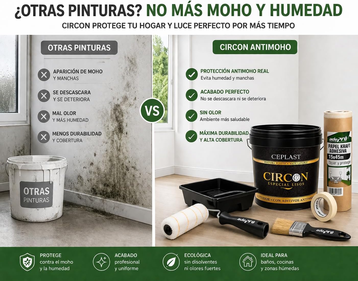 Kit Pintura Antimoho y Antihumedad Interior/Exterior Acabado Seda – Alta Cobertura, Sin Olor, Base Agua – Incluye Rodillo, Cubeta, Paletina 40mm, Cinta y Papel Kraft – Pintura Blanca Profesional