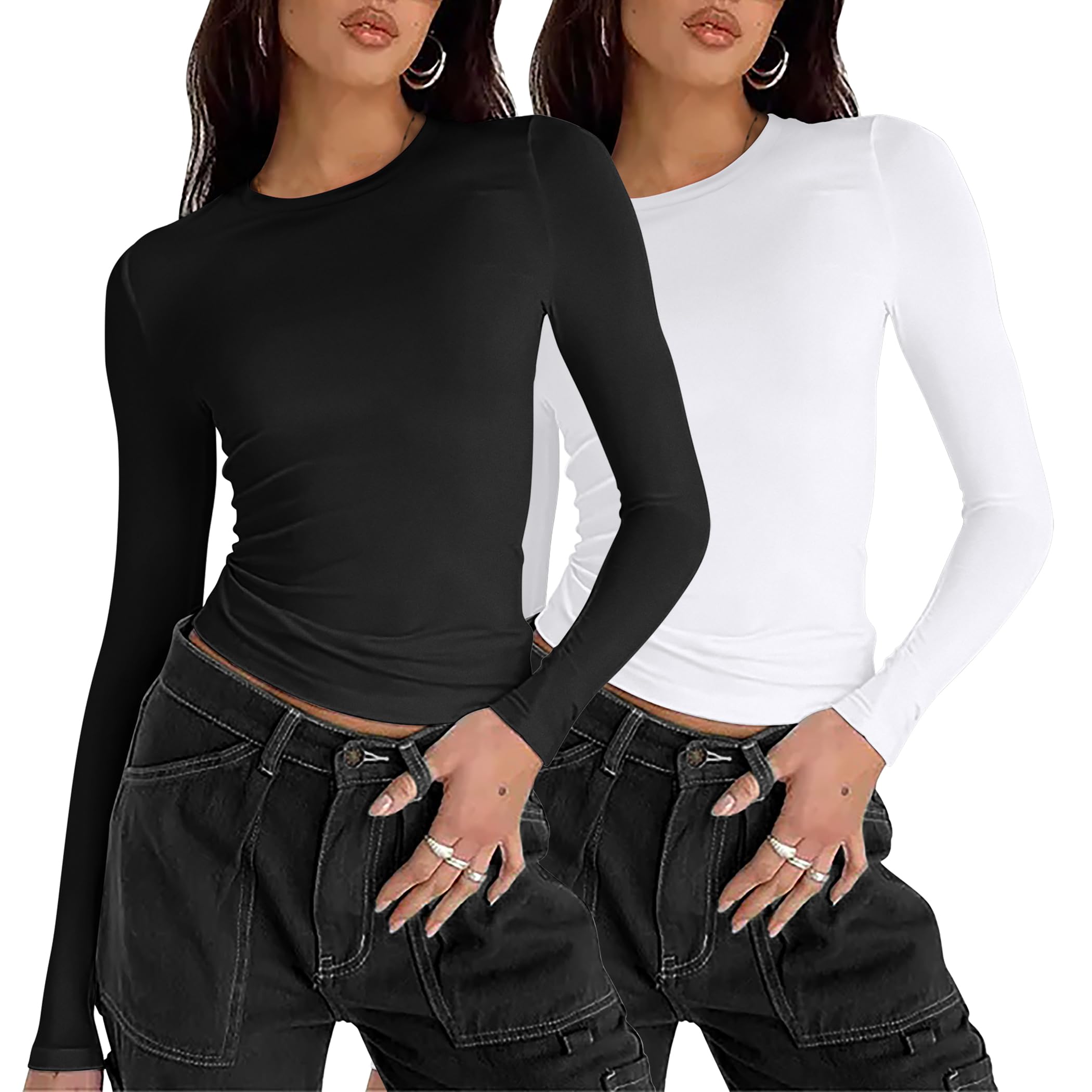 Zeagoo Maglietta Donna Maniche Lunghe Maglia Sexy Slim Fit Y2K Crop Top Elegante T-Shirt Girocollo Basic Solido Tee Casual Camicia Tops XS-XL