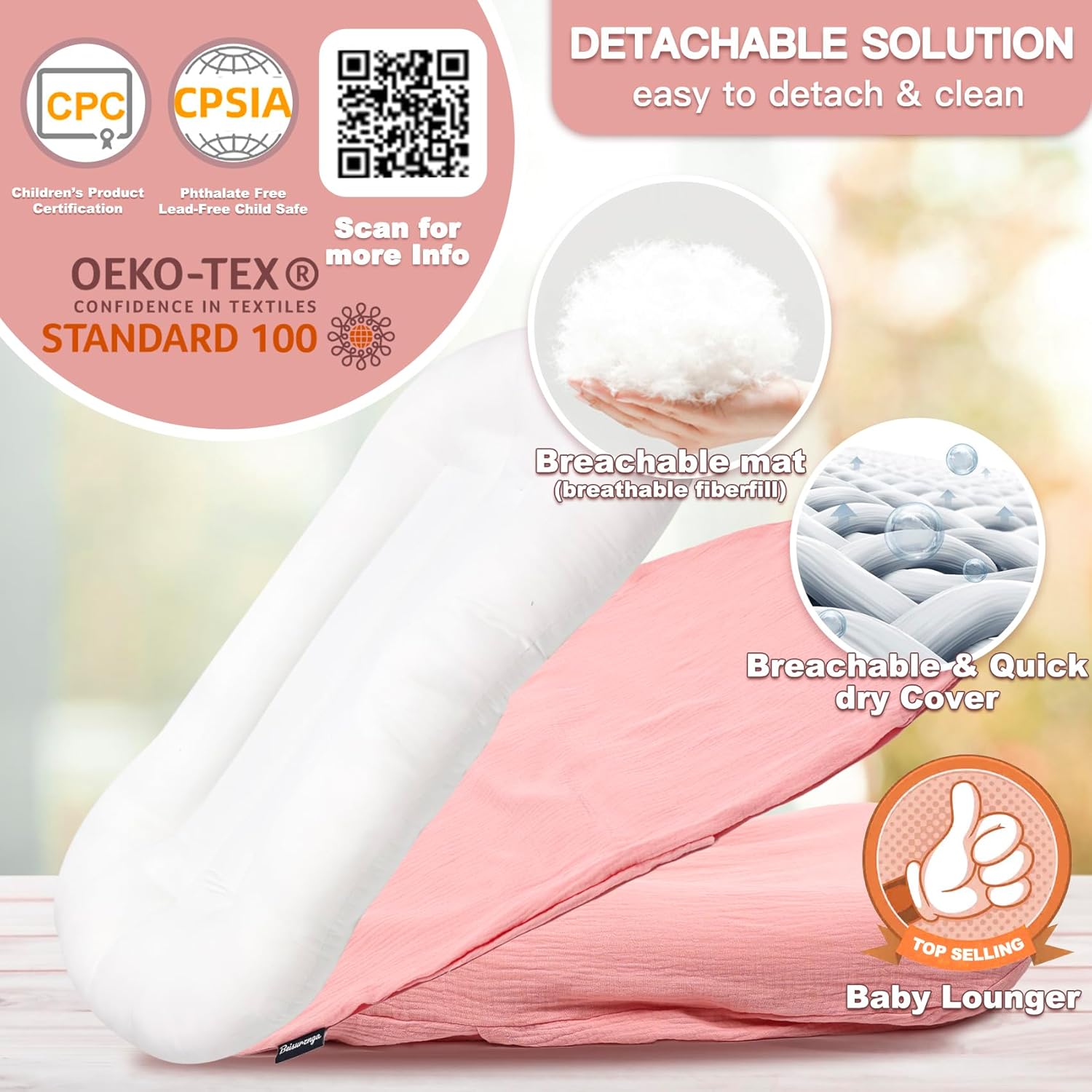 Baby Lounger for Newborn - Snuggle Cozy Me Lounger | Breathable Soft Cotton, 0-24 Months Portable Playtime Baby Nest, Newborn Baby Essentials Gifts- Petal (1 Lounger + 1 Cover) - Image 2