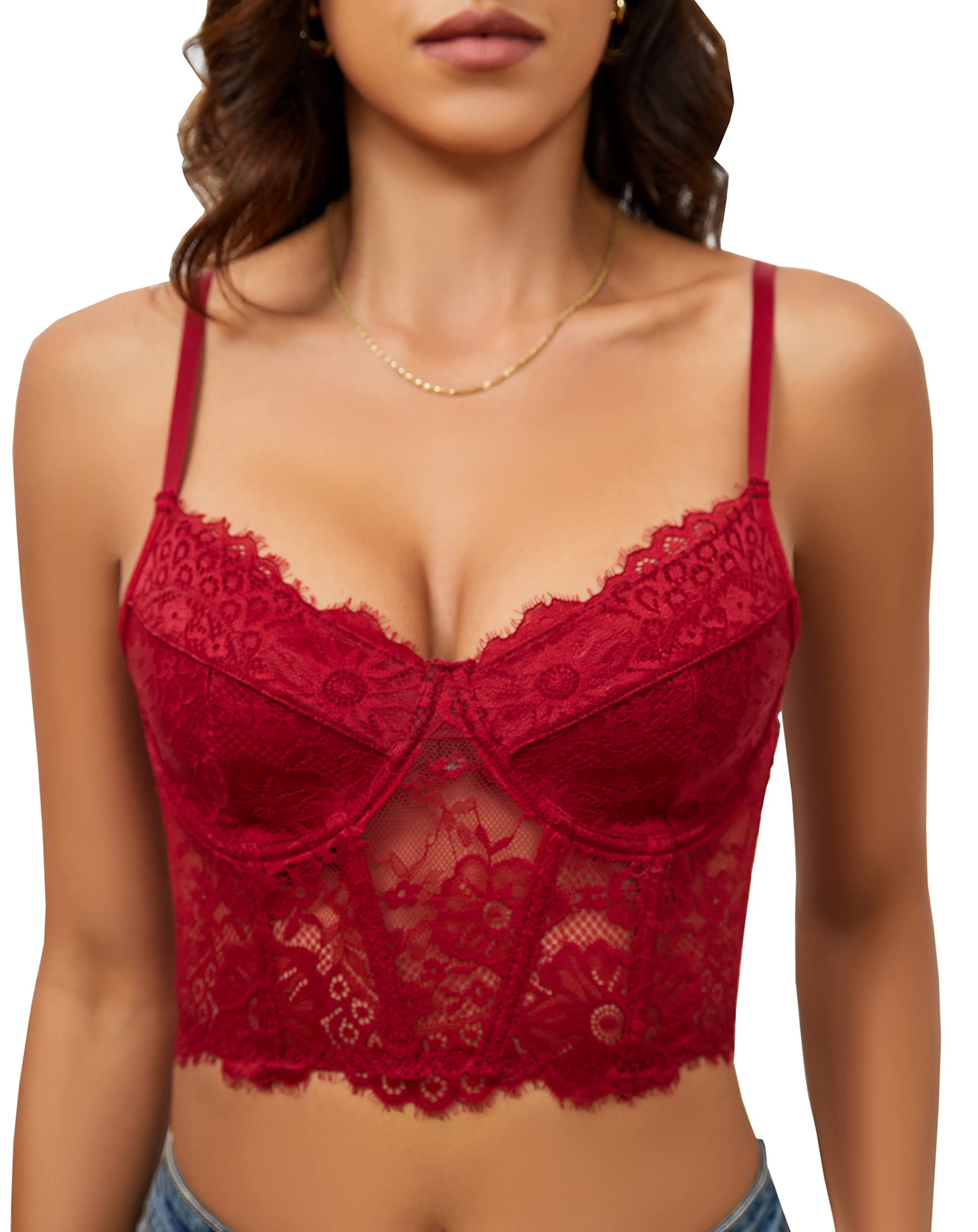 WUFCIYBO Lace Corset Top Bustier Tops for Women Spaghetti Adjustable Strap Sheer Crop Bralette Camisole (Wine red-XL)