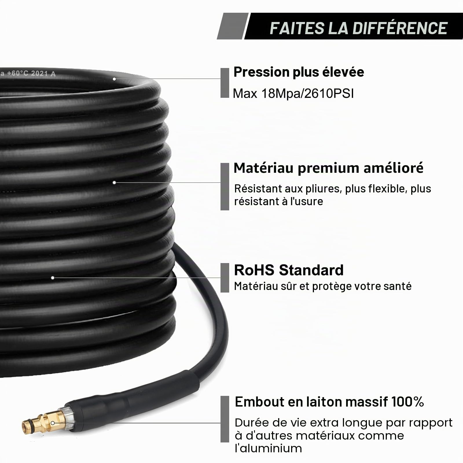10m Tuyau d'extension de tuyau de rechange haute pression pour nettoyeur haute pression Karcher K Series K2 K3 K4 K5 K6 K7 Click Plug Quick Connector(10m)