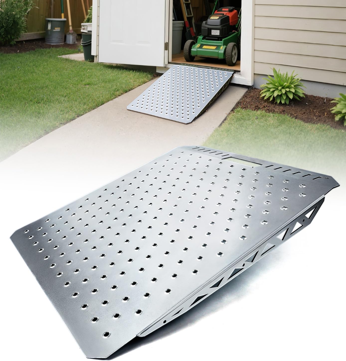 Photo 1 of  Heavy-Duty Shed Ramp for Riding Mower, Ramps for Sheds Garage Threshold Doorway Lawn Mowers Tractor Snow Blower Wheelchairs Garden Cart, 1500LBs Loading Anti-Slip Punch Plate Ramp - 1 PC 