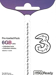 Three UK New PrePaid Europe (UK Three) SIM Card 6GB Data Unlimited Minutes/Texts for 30 Days with Free Roaming/USE in 71 Destinations Including Europe, South America and Australia (6GB)