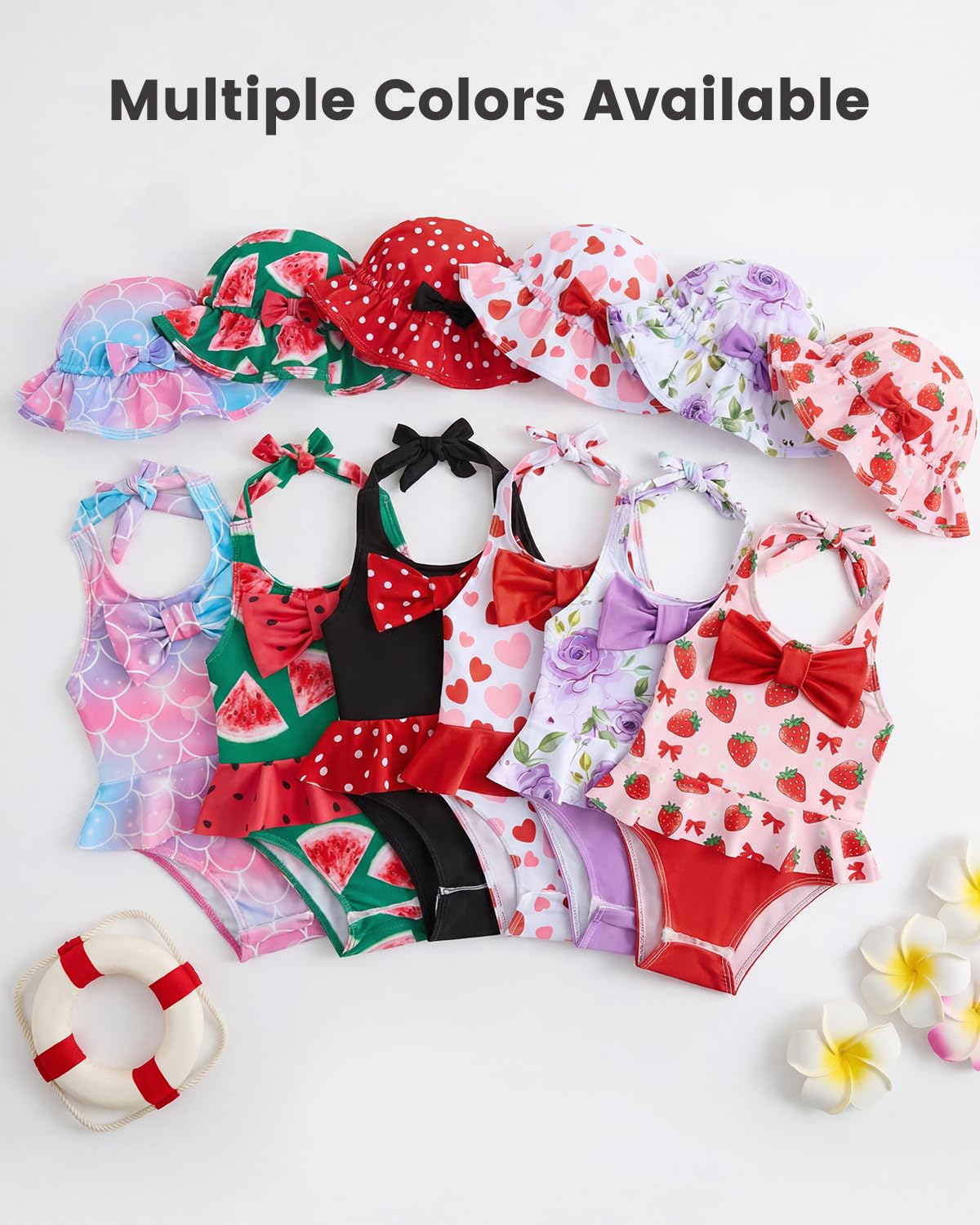 JiAmy Costume da bagno per neonata con grazioso cappello, senza maniche, costume da bagno intero con fiocco, costume da bagno estivo, 0-24 mesi