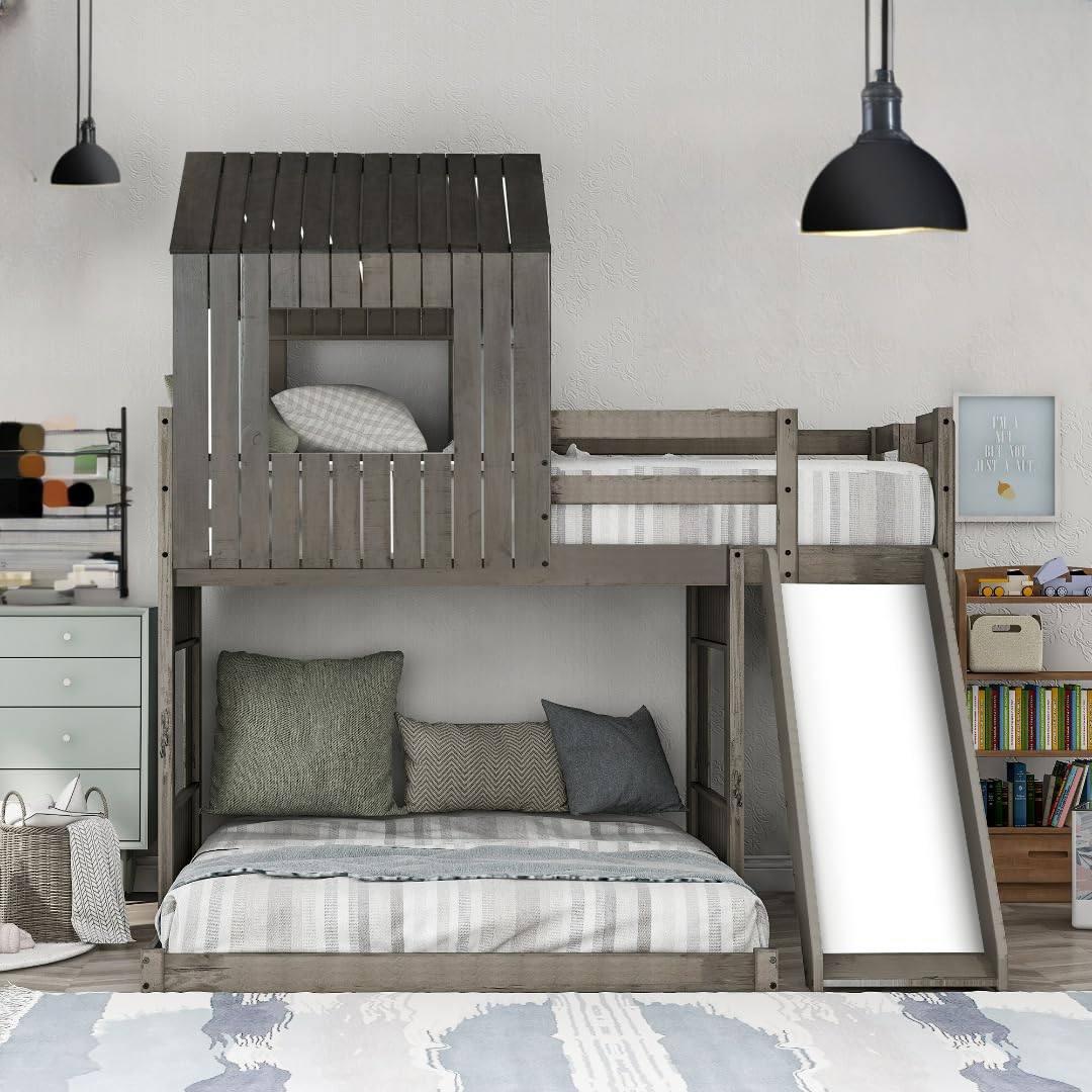 Okak House Bunk Bed with Slide Loft Bed with Playhouse Twin Over Full Bunk Bed with Ladder and Safety Guardrail for Kids, Girls or Boys,No Box Spring Needed,Solid Wood Slats Support,Antique Grey