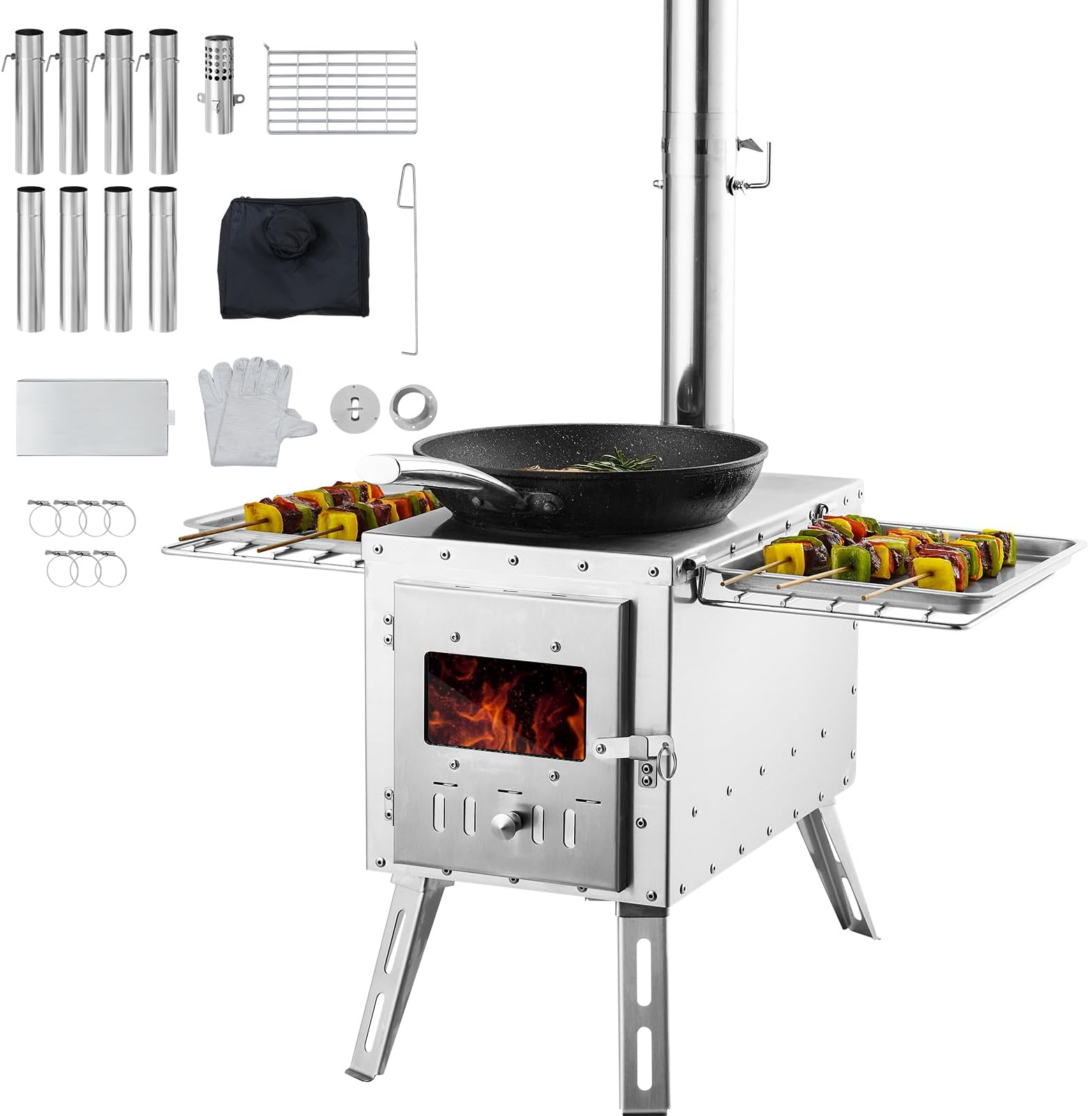 Wood Stove, 86 inch, Stainless Steel Camping Tent Stove, Portable Wood Burning Stove with Chimney Pipes & Gloves, 3000in³Firebox Hot Tent Stove for Outdoor Cooking and Heating with 8 Pipes