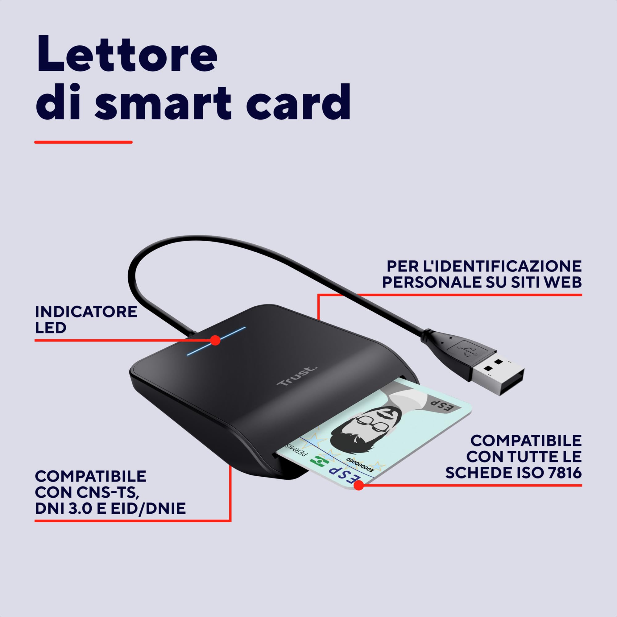 Trust Primo Lettore di Smart Card, DNI, Conforme con FIPS 201, FIPS TAA e ISO 7816 Classe A, B, C, Cavo di 100 cm, USB Plug & Play, Nero