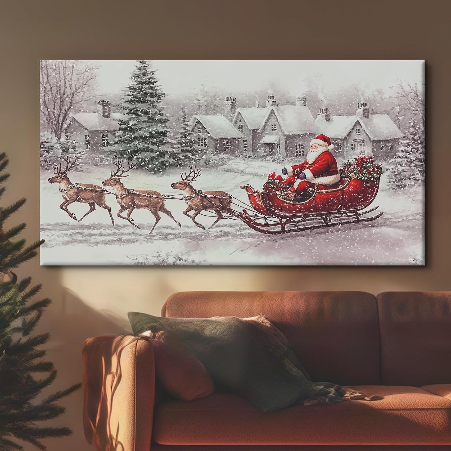 Craftline Vintage Christmas Santa Sleigh Canvas Print with Reindeer Art Winter Decor White Snowy Village Pictures Christamas Farmhouse Painting Holiday Gift for Above Fireplace Mantel 32x16inch