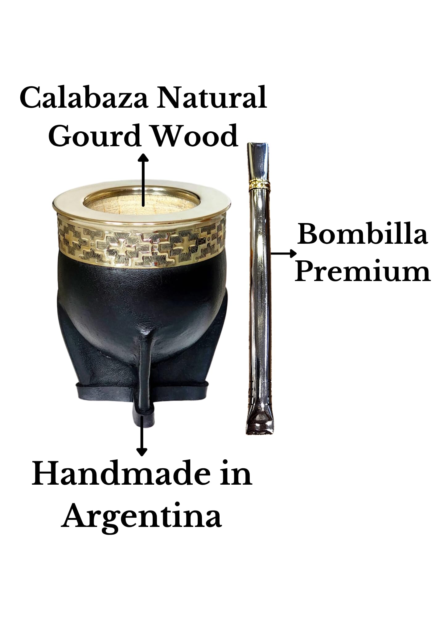Taza Mate Imperial Calabaza Argentina - Hecho de Interior Calabaza Natural - Exterior Cuero Negro con Plata Alemana (Alpaca)- Incluye Bombilla de Acero Inoxidable