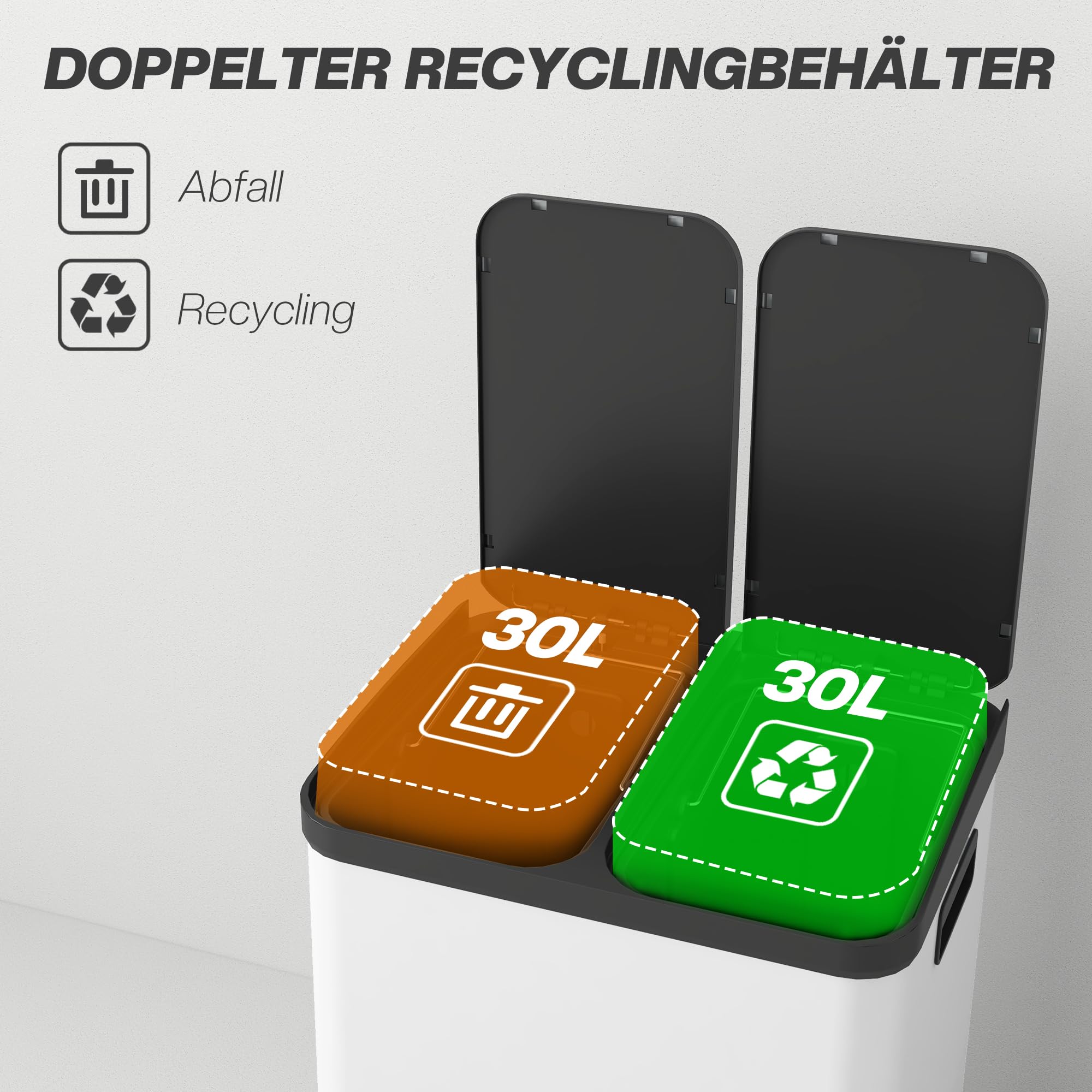 HOMCOM Mülltrennsystem 2 x 30L mit 2 Fächern Softclose-Deckel Metall Weiß | Mülleimer Küche, Abfalleimer Treteimer, Herausnehmbare Inneneimer