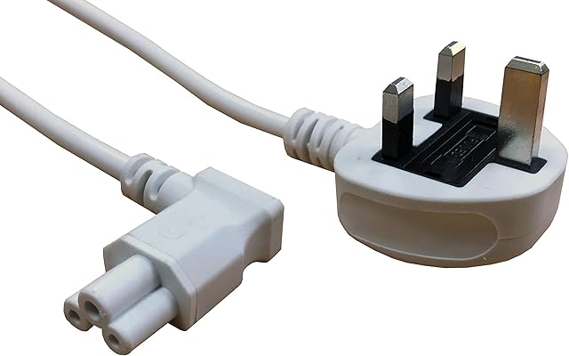 electrosmart 3m White C5 Clover Cloverleaf 90 Degree Angled Mains Cable Lead to UK Plug