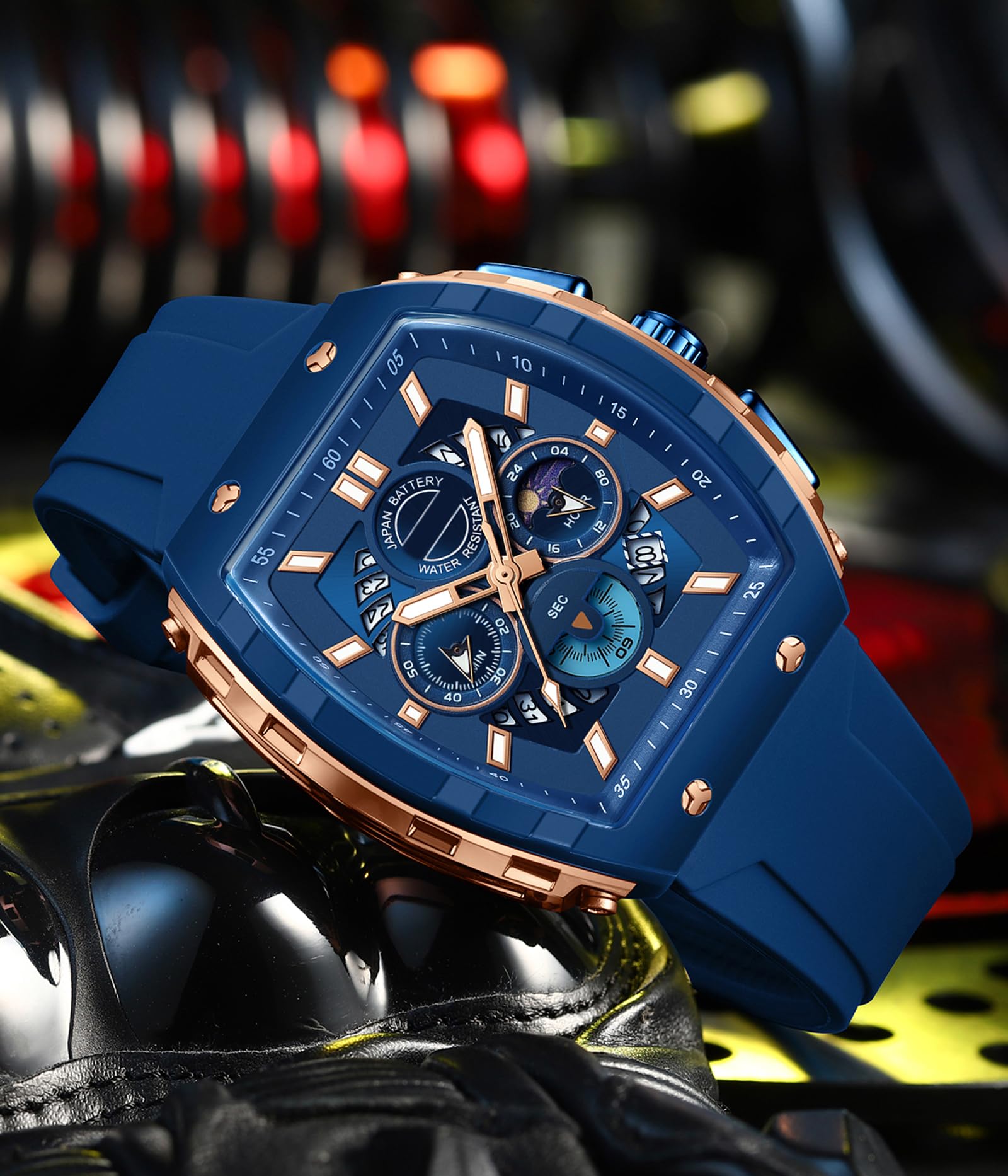 findtime Orologio da polso da uomo, cronografo, grande, sportivo, quadrato, da uomo, militare, analogico, al quarzo, data, orologio sportivo di lusso, per uomini, quadrante luminoso, design