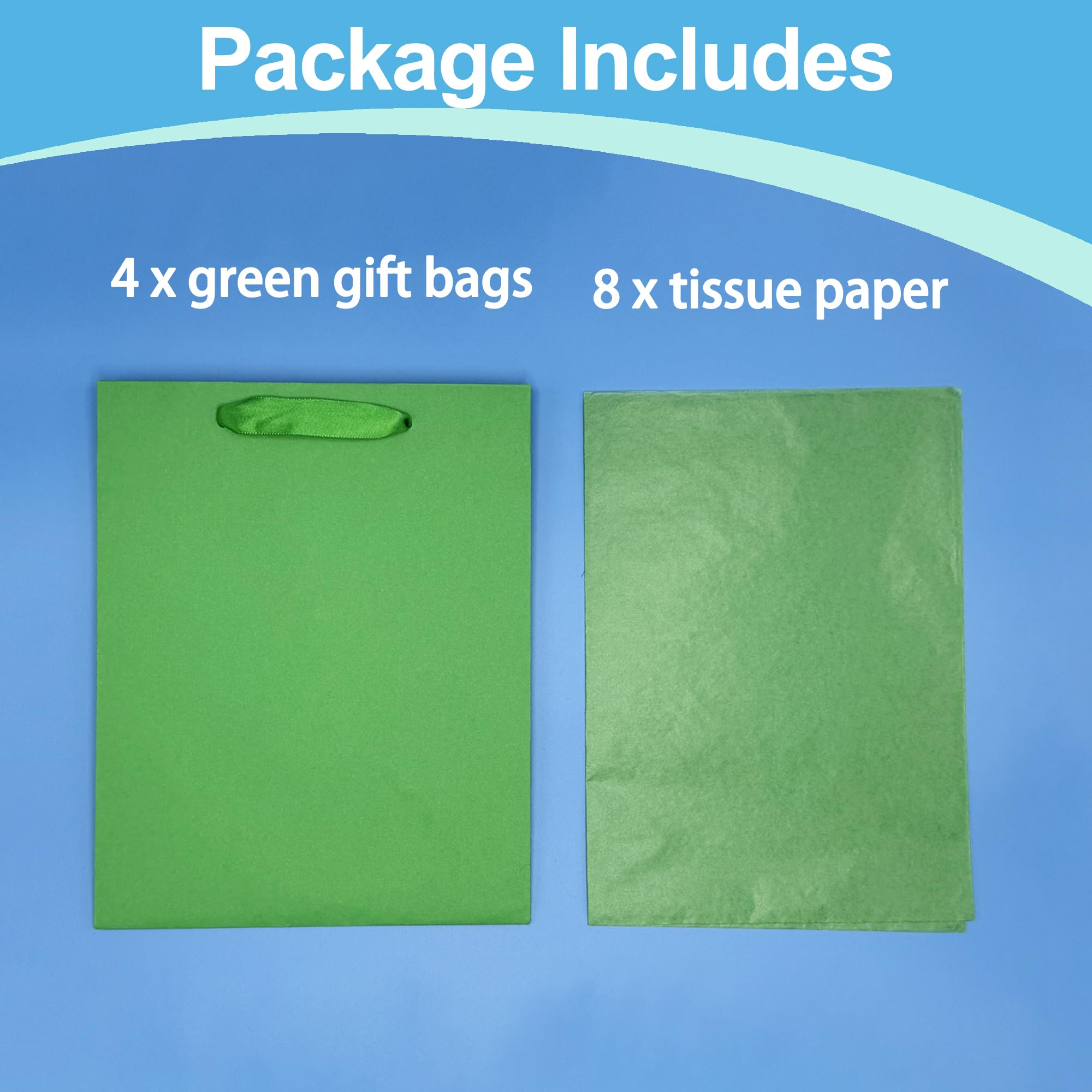 MOXARYSU 4 Pcs Medium Green Gift Bags: 8x5x10 Inches Gift bags With Handles Party Favor Bags With 8 Tissue Paper For Party,Birthday,Baby Shower,Wedding（Green）