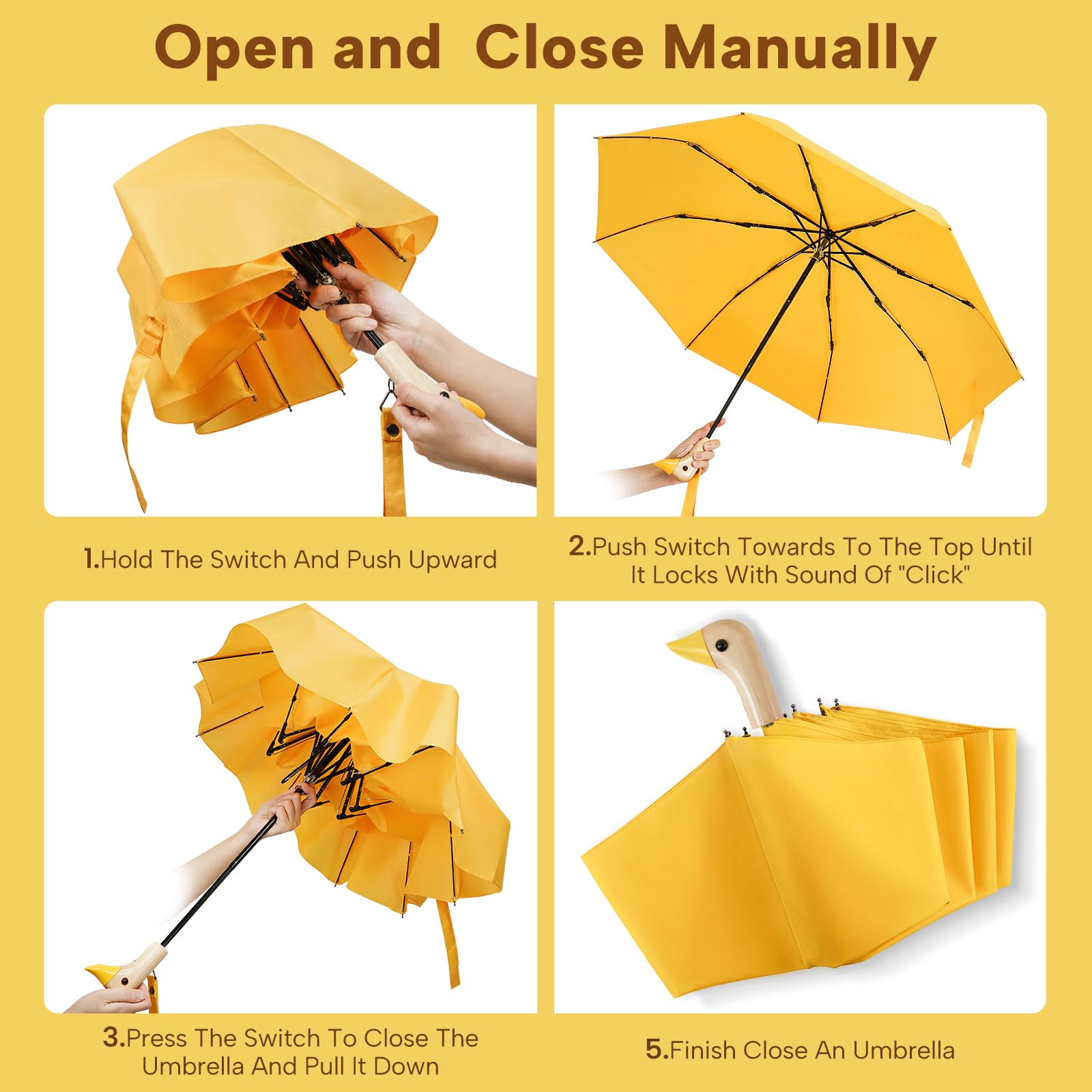 Paraguas pequeñas compactas para lluvia y sol, paraguas de cabeza de pato de diseño lindo para regalos de niñas, paraguas plegable de 8 varillas con mango de madera, 01. Amarillo 7