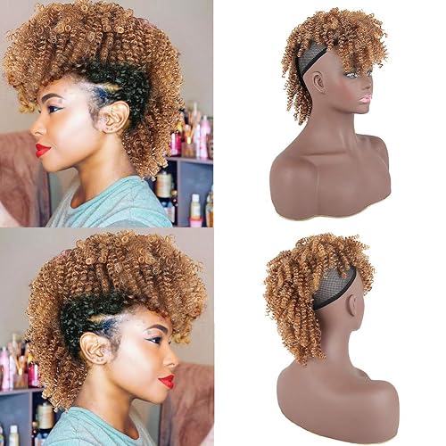 Miniatura 15 de Peluca corta Afro rizada con flequillo y clip para cola de caballo en cabello rizado sintético hecho de fibra de Kanekalon, moño de cola de caballo