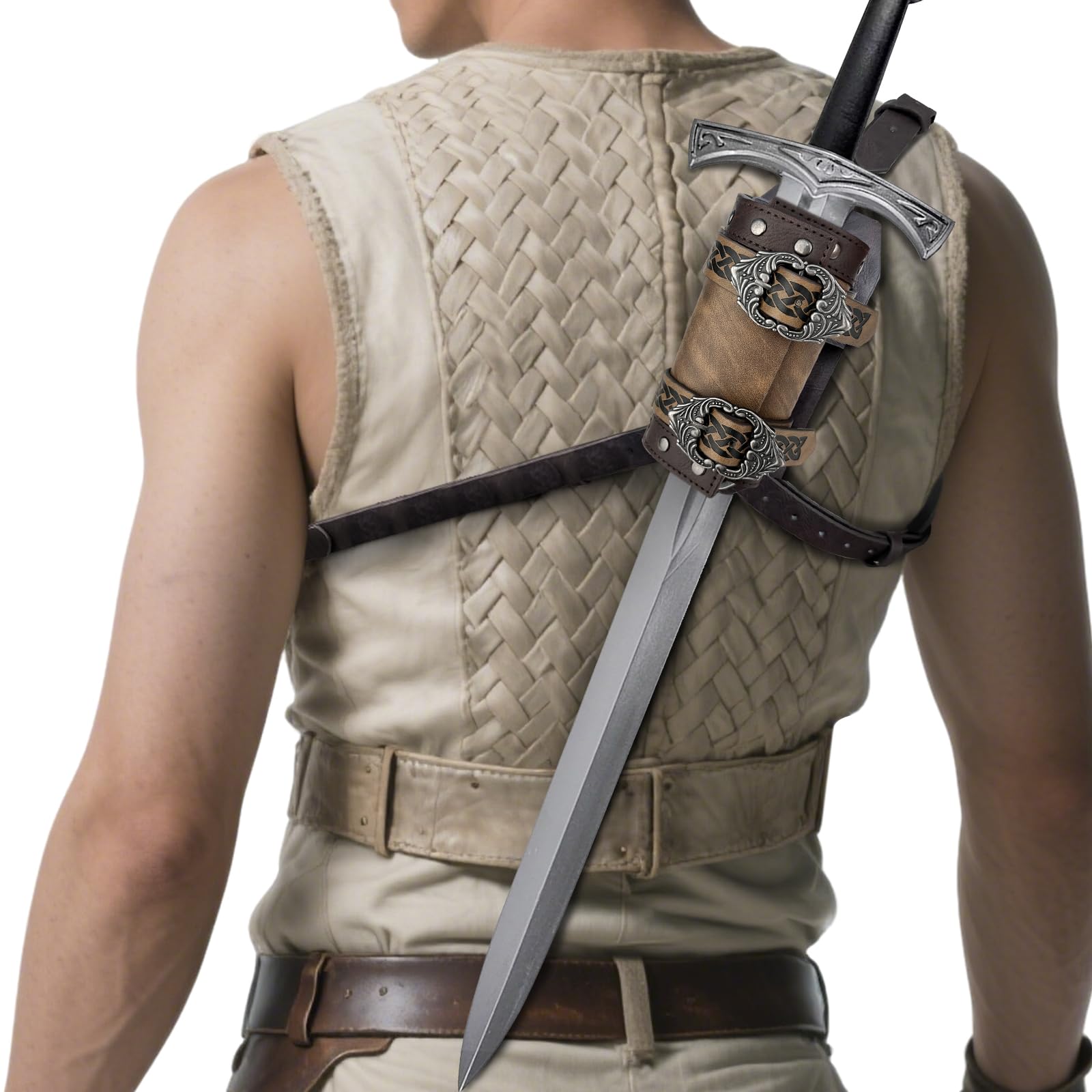 HiiFeuer Medieval Faux Leather Back Sword Frog, Vintage Adjustable Sword Holster, Middle Ages Back Sword Sheath Holster (Black A)