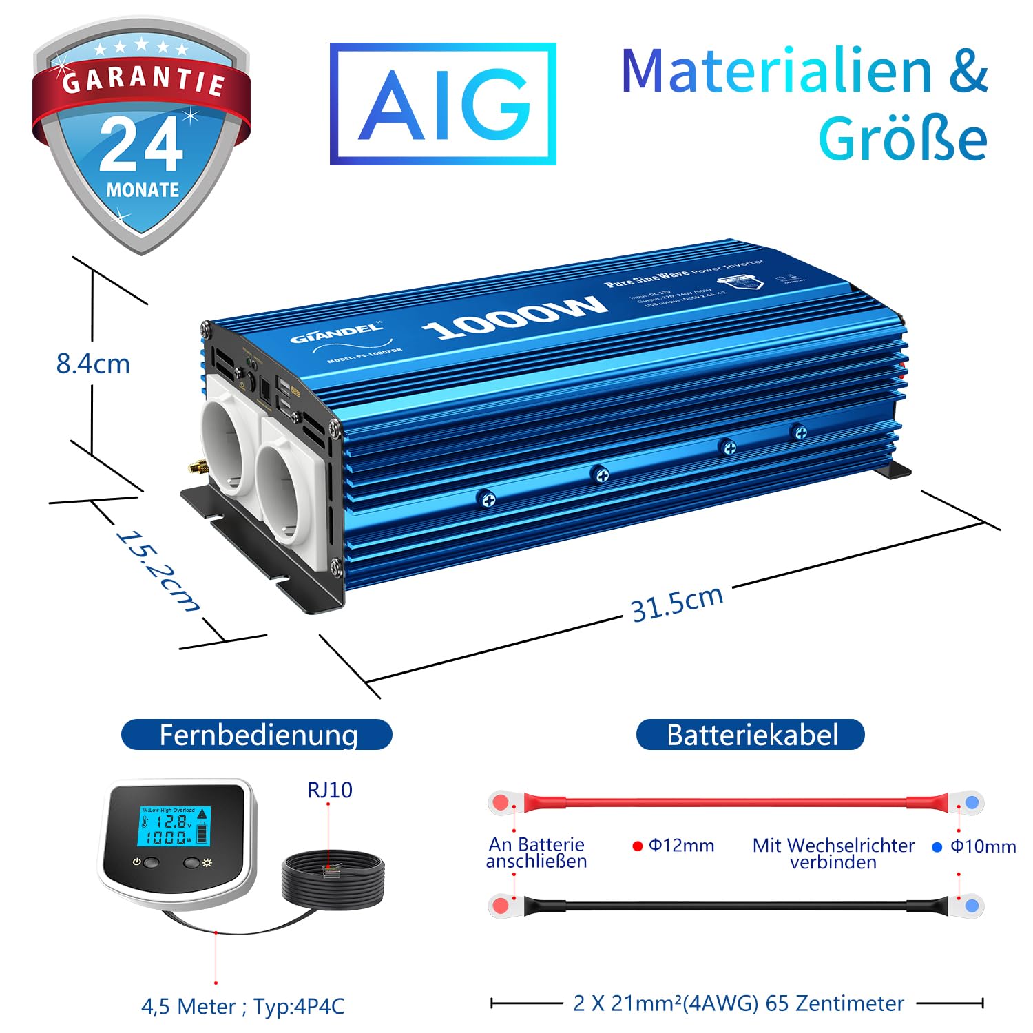 GIANDEL Przetwornica napięcia 12V na 230V 1000W czysty sinus - falownik samochodowy - z 2 gniazdami UE i 2 portem USB z Pilot do ekranu LCD