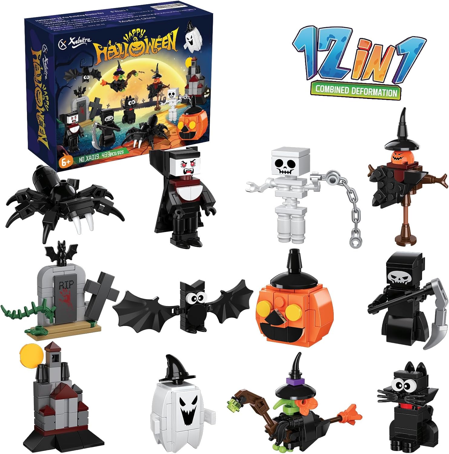 Halloween Party Favors Toys for Kids, Halloween 12 Pieces Building Blocks Toy Gift with Ghost Witch Cat Pumpkin Haunted Mini Cute Bricks Set Goodie Bags Fillers Classroom Prizes for Kids Boys or Girls