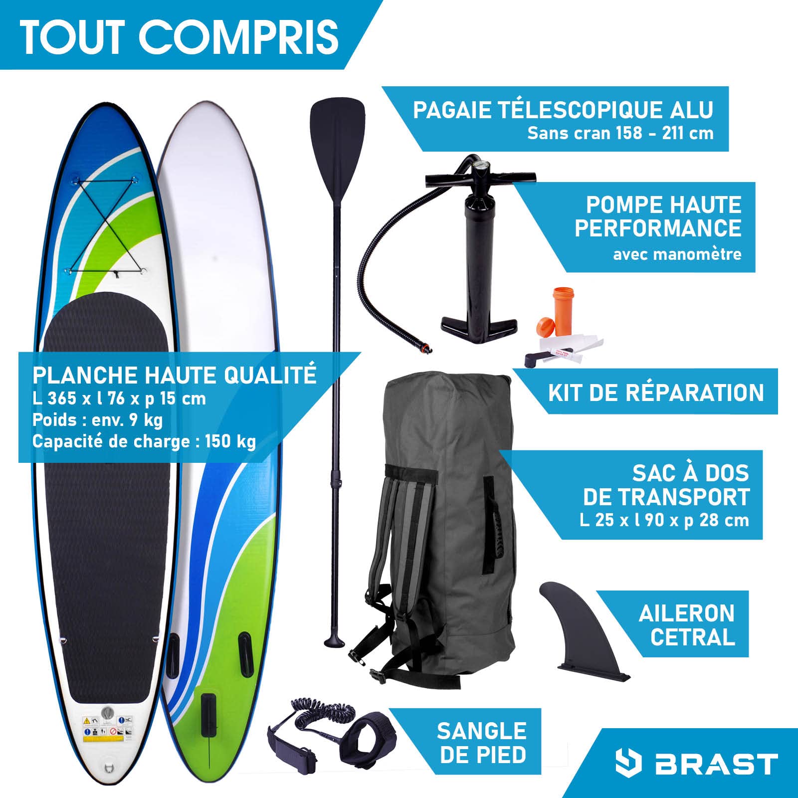 Paddle Gonflable BRAST 320x81x15cm - Avec Siège Kayak, Pompe, Pagaie, Sac - Bleu, Vert, Rouge Ou Turquoise