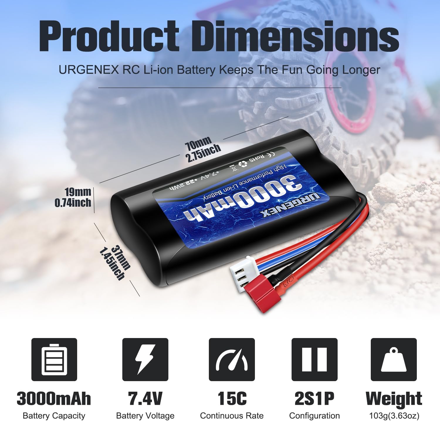 URGENEX Li-ion Battery 7.4V 3000mAh High Capacity with Dean-Style T Plug 2S Rechargeable RC Battery Fit for WLtoys 4WD High Speed RC Cars and Most 1/10, 1/12, 1/16 Scale RC Cars Trucks with Charger