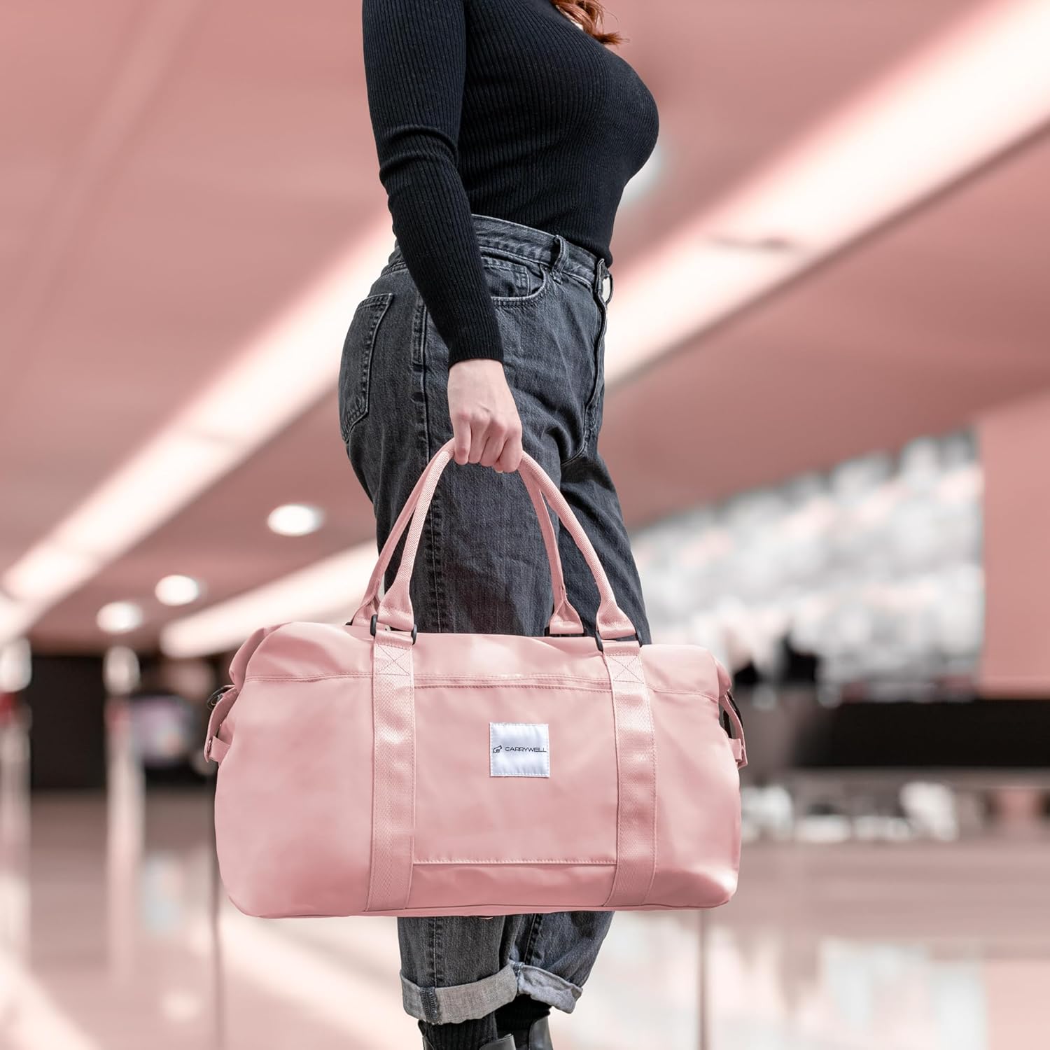 (Not Made In China) Travel Duffel Bag For Women, Carry On Bags, Overnight Weekender Duffle, Airplane Approved Underseat Tote With Shoulder Strap, Luggage Trolley Sleeve, Pink, 22in, 30L - Image 7