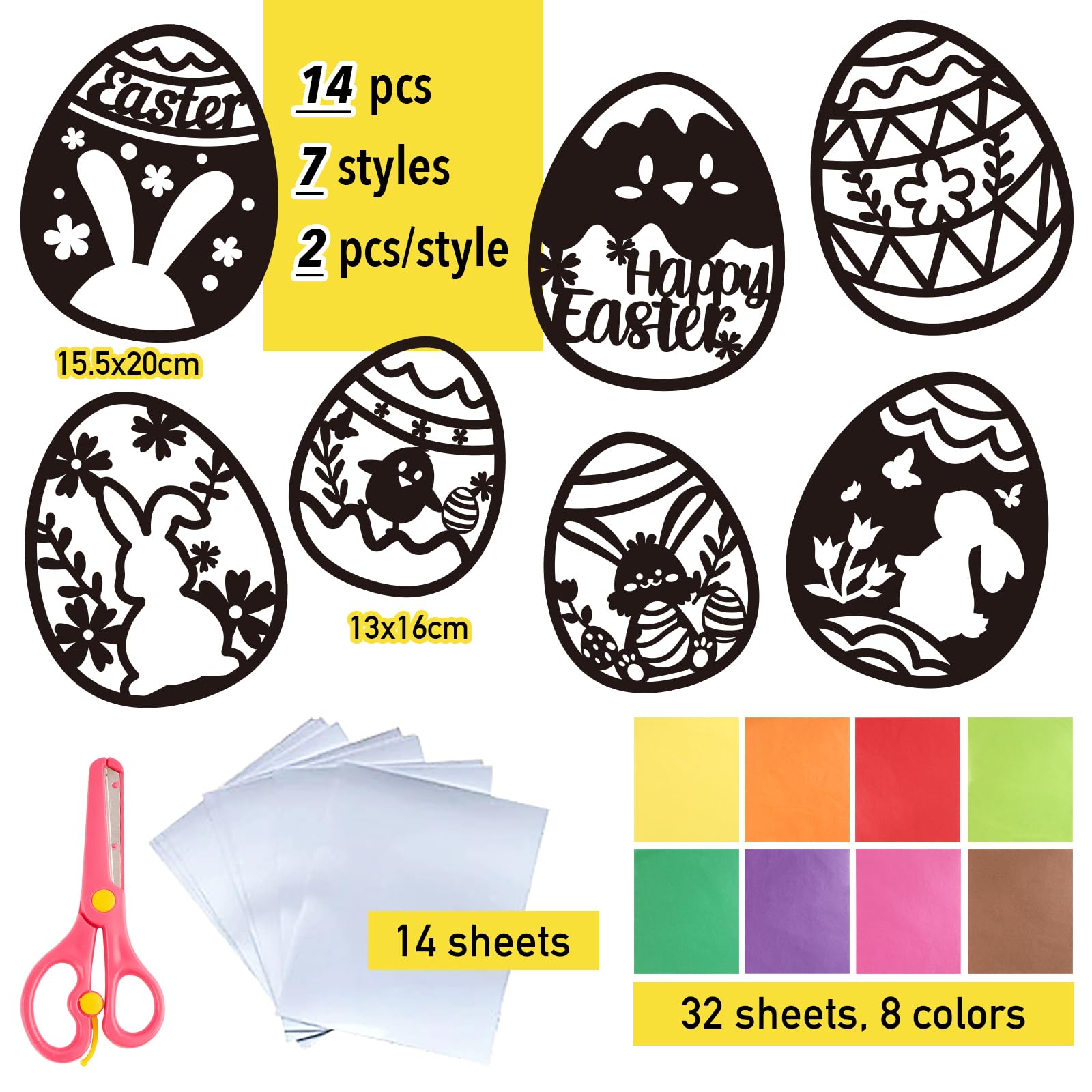 BOOMTOP 14pcs Manualidad Pegatina Ventana Pascua Conejo Huevo, Manualidad Niños de Ventana de Easter, Juego DIY Niño Pegatina Ventana Pascua de Conejo, Conjunto Decoración Ventana Pascua