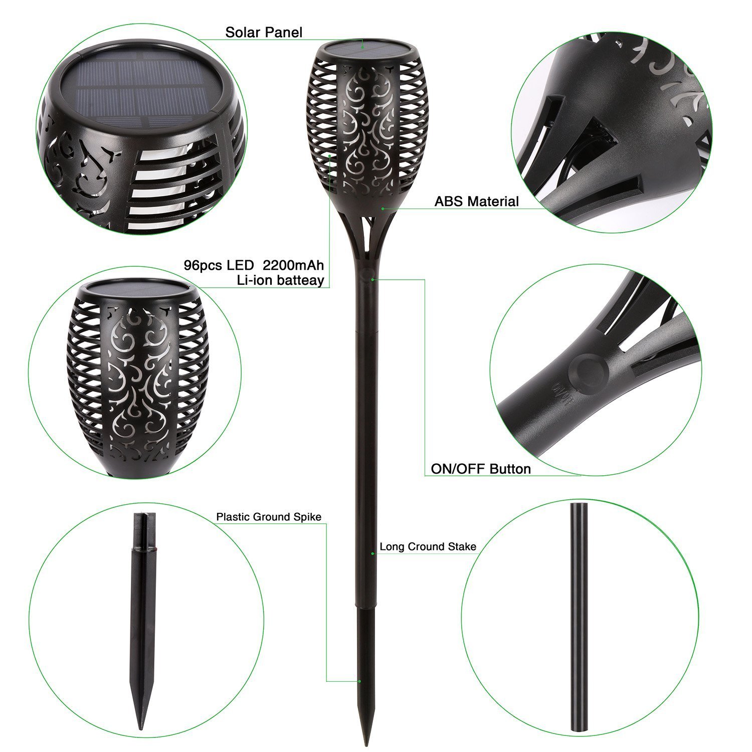 Lot de 4 lampes torches solaires étanches à 96 LED - Flammes vacillantes - Éclairage de décoration de paysage, de terrasse, pelouse - Éclairage du crépuscule à l'aube - Marche/arrêt automatique pour