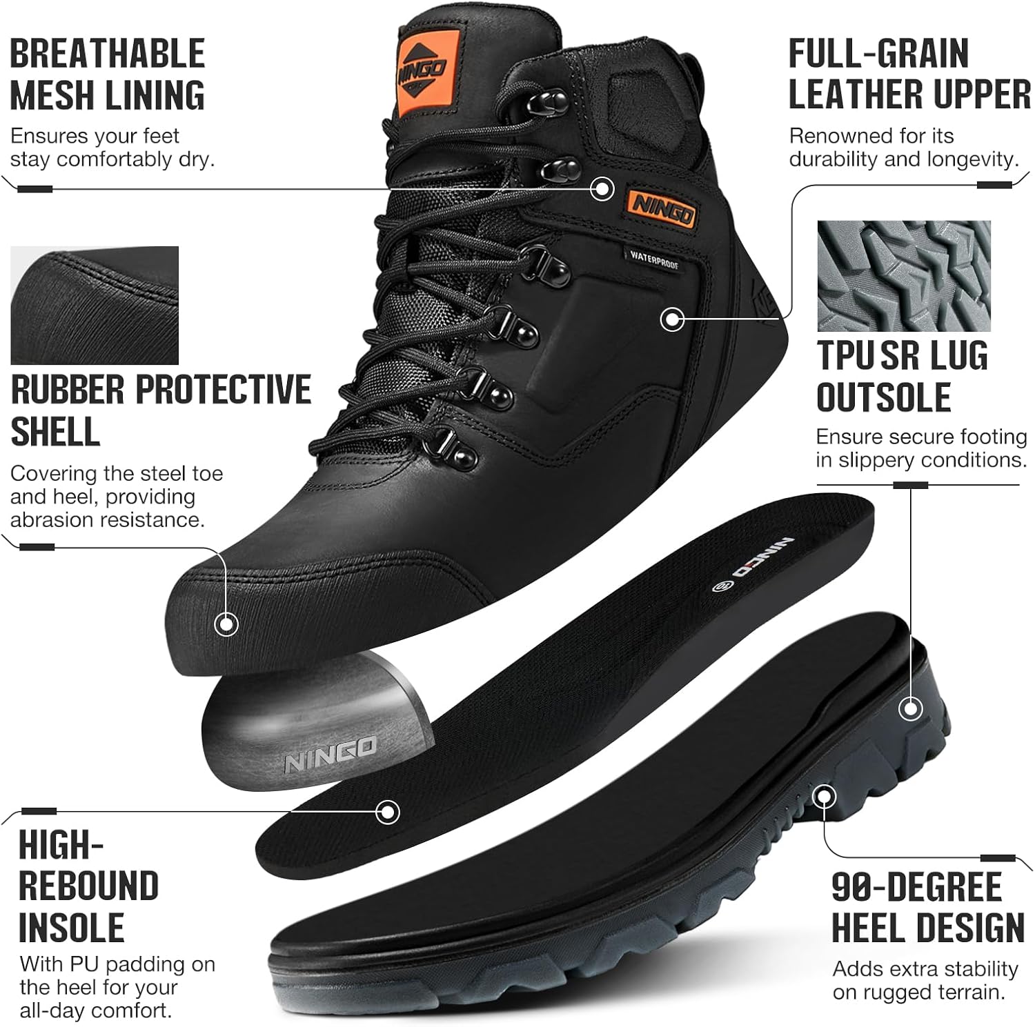 NINGO Mens Steel Toe Work Boots, Waterproof Heavy-Duty Safety Boots with Puncture Protection Oil & Slip Resistant, Steel Toe Work Shoes with Breathable Lining EH Protection for Construction Industrial - Image 3