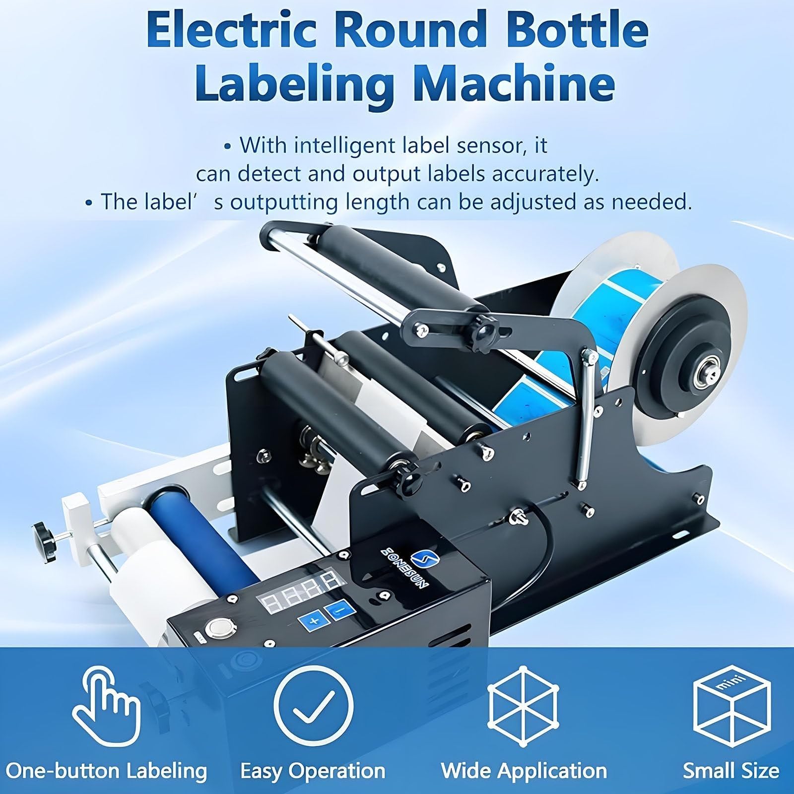 Etichettatrice elettrica per bottiglia rotonda, applicatore di etichette semiautomatico 15-30 pezzi/min, range diametro 15-120 mm, ideale per piccole imprese