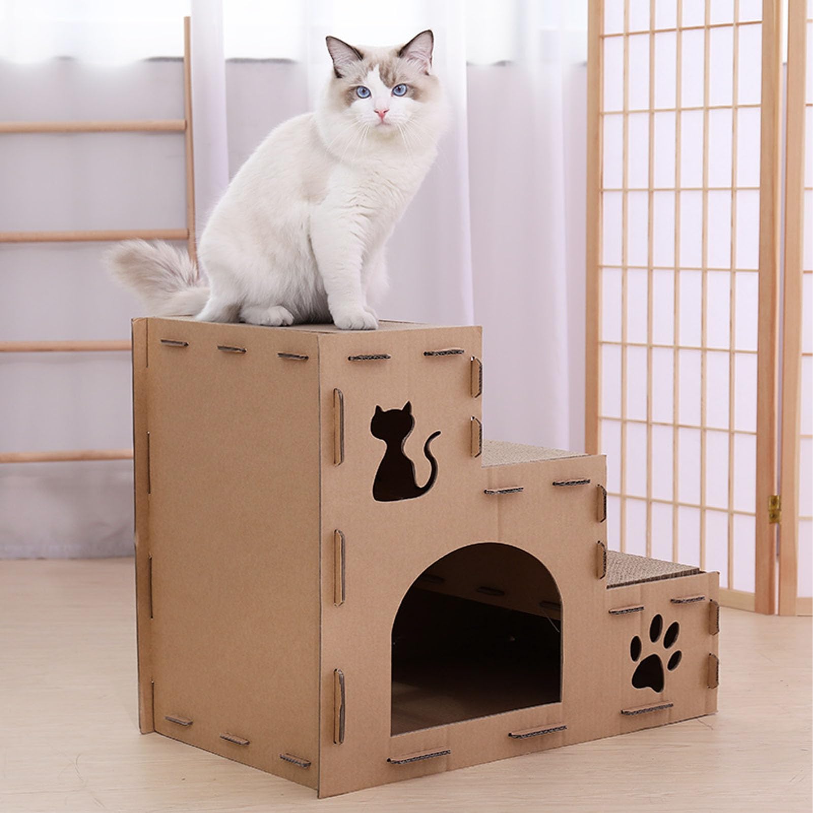 Cuccia per Gatti Grande in Cartone Ondulato, Struttura Stabile in Materiale Ecologico, Cuccia per Gatti in Cartone Non Deformabile con Tiragraffi per Animali Domestici