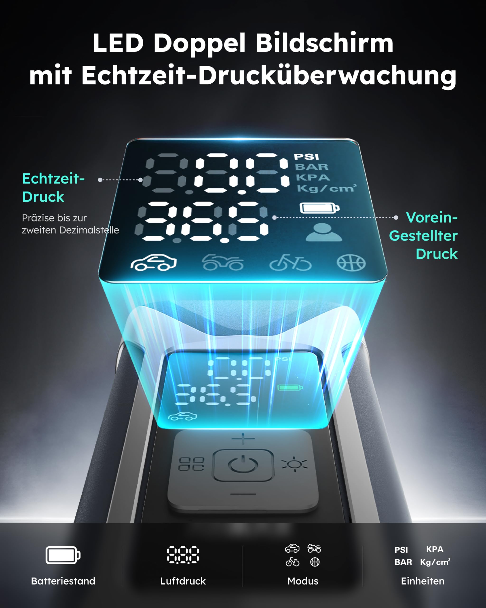 ASMAX Elektrische Luftpumpe 7500mAh, Fahrradpumpe 160PSI/11Bar mit Reifendruckmesser, tragbarer Akku Kompressor, Mini Reifenpumpe mit LED Licht für Autos, Wohnmobil, Motorräder, Fahrräder, Bälle