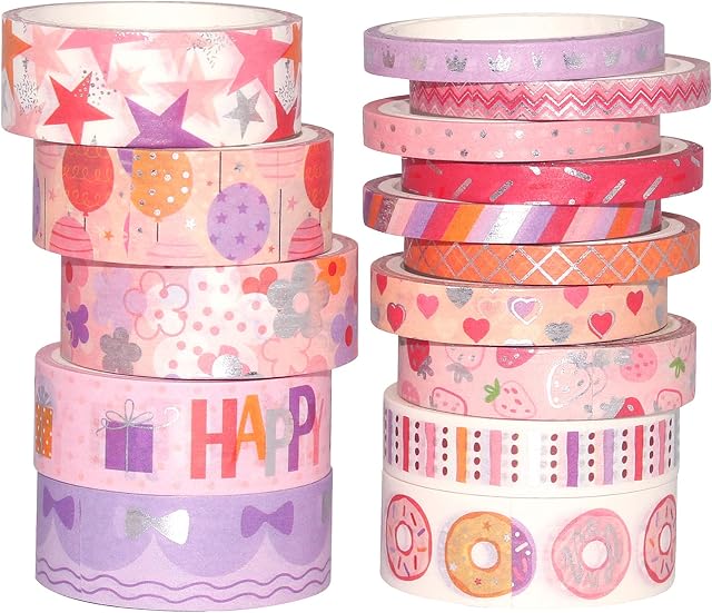 YUBX Birthday Washi Tape Set 15 Rolls Silver Foil Print Decorative Masking Tapes for Arts, DIY Crafts, Bullet Journals, Planners, Scrapbook, Wrapping