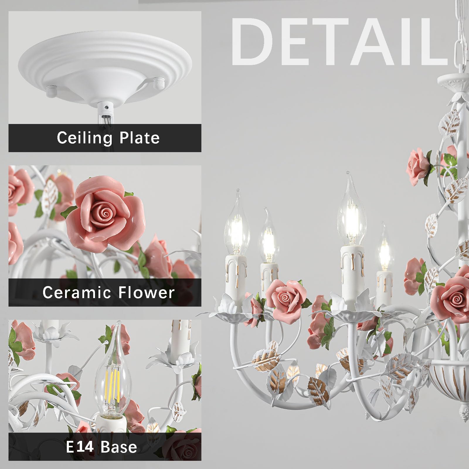 Blumen Kronleuchter Vintage,Weiße Metall Esstisch Lampe Mit Rosa Keramikrose,Französischer E14 Kerzen Pendelleuchte FüR Wohnzimmer Schlafzimmer Landhaus MäDchenzimmer KüChe,8 Köpfe