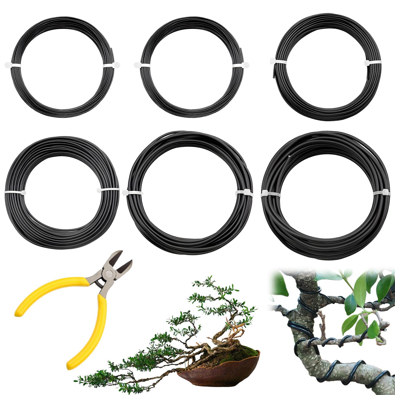 Bonsai Draht 6 Rollen Schwarz 50 m Pflanzendraht Basteldraht | Bonsaidraht Ø1,0 mm/1,5 mm/2,0 mm/2,5 mm/3,0 mm, flexibel und formstabil, für Bonsai, DIY, Skulpturen und Pflanzenpflege