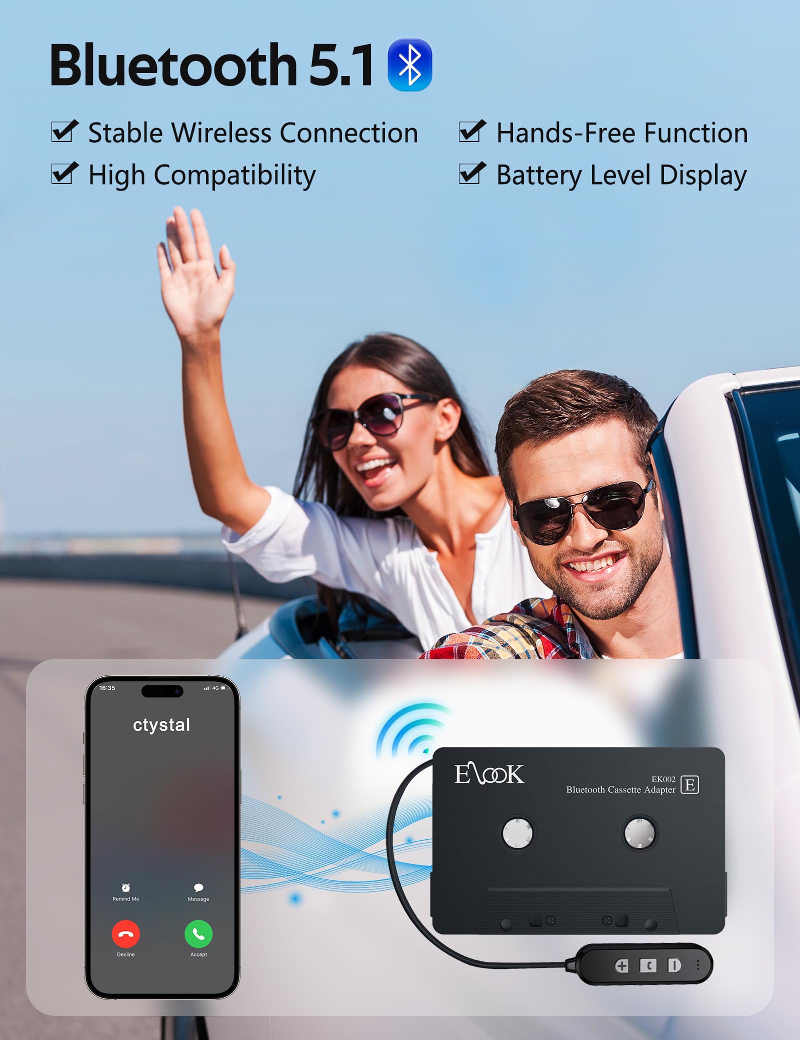 Adattatore da cassetta a Bluetooth per autoradio 5.1, ricevitore a cassetta Bluetooth